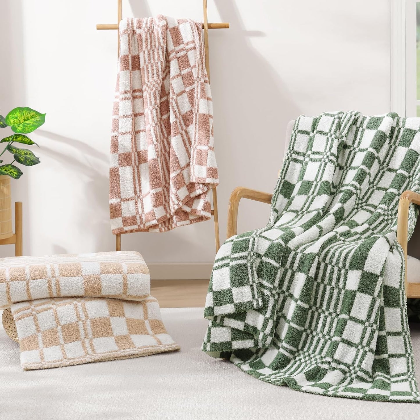 WRENSONGE Checkered Throw Blanket Olive Green Soft Cozy Fluffy Warm Hand Made Weave Throw Blankets for Couch, Sofa, Chair, Bed, Camping, Picnic, Travel Lightweight Bed Blanket - 60"*80"