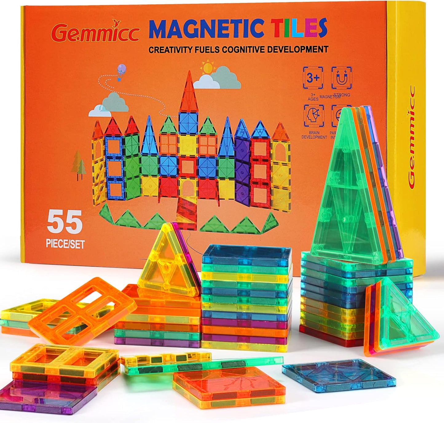 Gemmicc Magnetic Tiles, Magnet Toys Building Blocks for Kids, STEM Approved Educational Toys, Magnet Puzzles Stacking Blocks for Boys Girls,55 PCS Starter Set