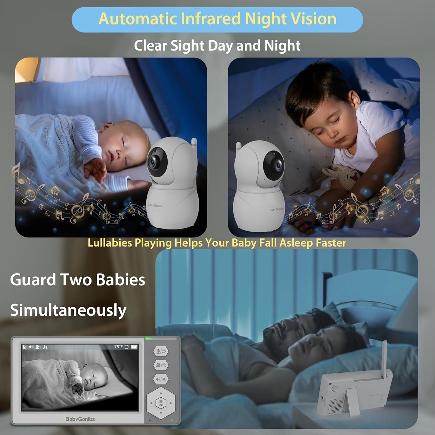 Baby Monitor with 2 Cameras Standby for 26-Hour Battery, Remote Control 4.3'' IPS Video Baby Monitor No WiFi Up to 1000ft Range, ECO, Night Vision, Temperature, 2-Way Talk, 8 Lullabies