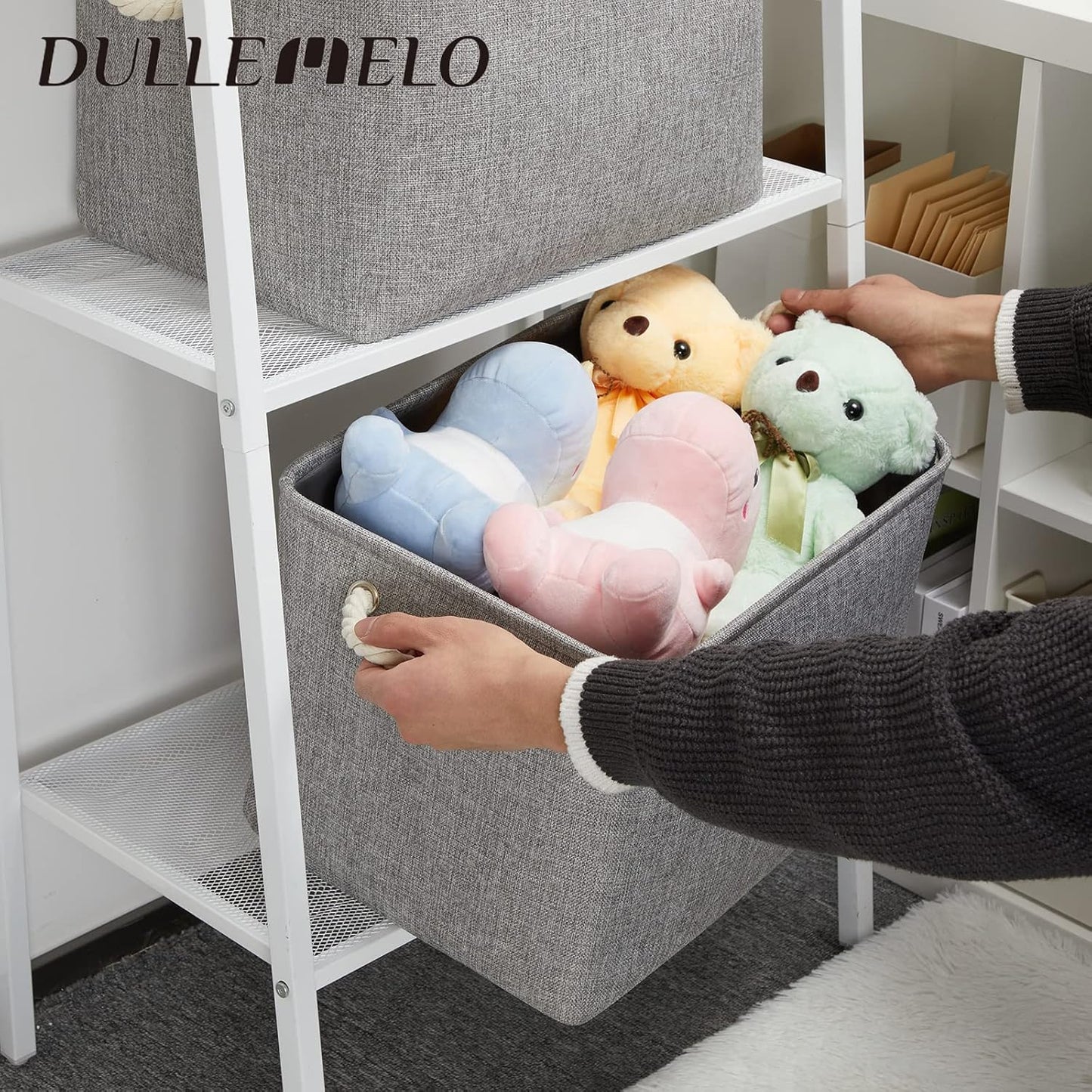 DULLEMELO Fabric Storage Bins 16x12x12 inches, Large Rectangular Storage Baskets 2 Pack, Collapsible Storage Organizer Decorative Storage Boxes for Closet, Toys, Clothes, Home, Office (Grey)