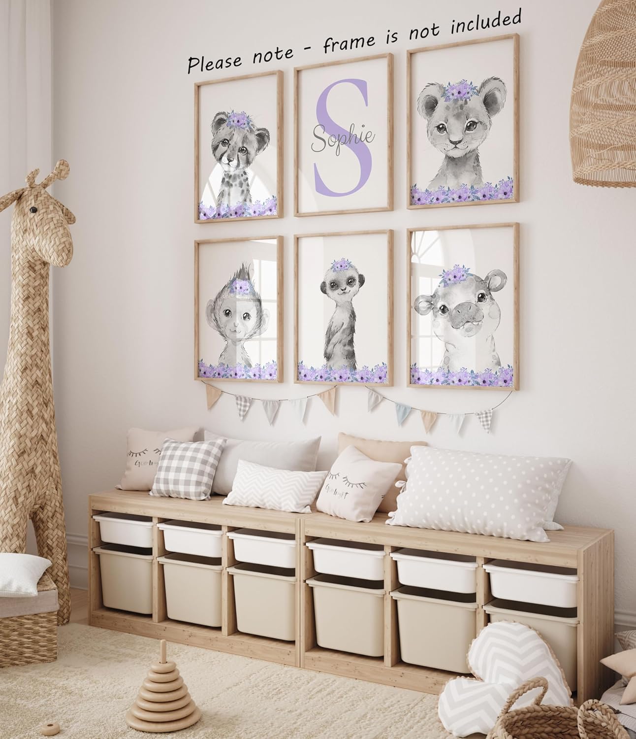 Personalized Safari Animals for Baby Girls Nursery Bedroom Unframed Set of 6 Poster Prints, Personalized Name Pink Purple Flowers Wall Art Decor New Baby Gift Present, Elephant Giraffe Panda Zebra Lion (12x16)