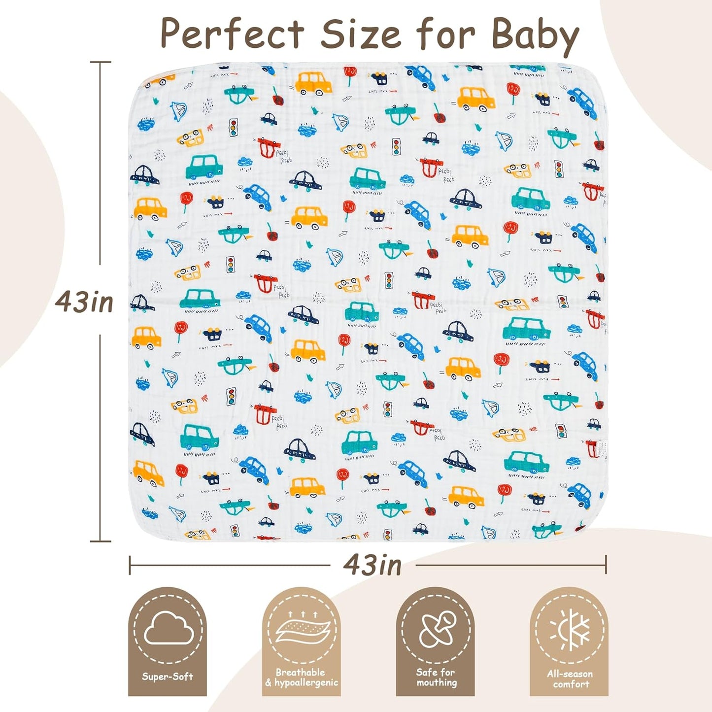 Luxury Muslin Baby Blanket, Cozy Swaddle, 6-Layer Cotton Receiving Blanket for Newborn Infant, 43x43 Inch Lightweight Breathable Crib Blanket, Nursery Stroller Toddler Quilt, Car Family