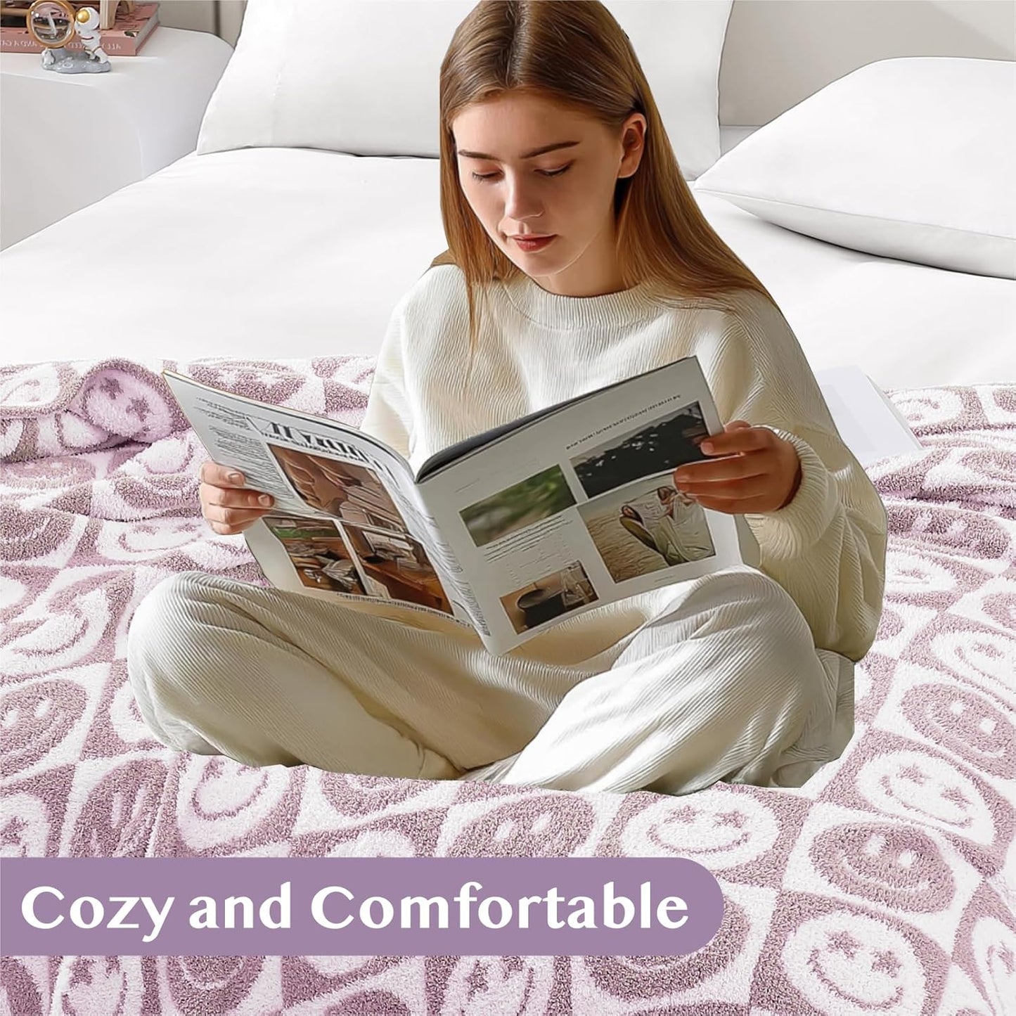 WRENSONGE Checkered Throw Blanket Lilac Smiling Face Soft Cozy Fluffy Warm Hand Made Throw Blankets for Couch, Sofa, Chair, Bed, Camping, Picnic, Travel Lightweight Bed Blanket - 50"*60"