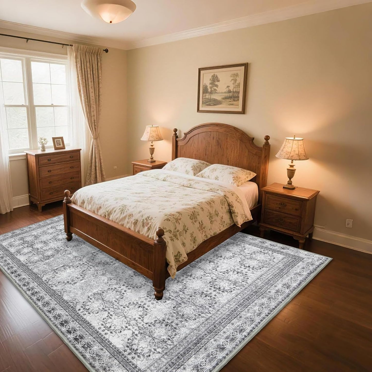 Large Faded Gray 8x10 Washable Area Rug for Living Room, No Shedding Vintage Floral Print Rugs Non Slip, Indoor Foldable Thin Retro Accent Carpet for Bedroom Farmhouse Dining Room