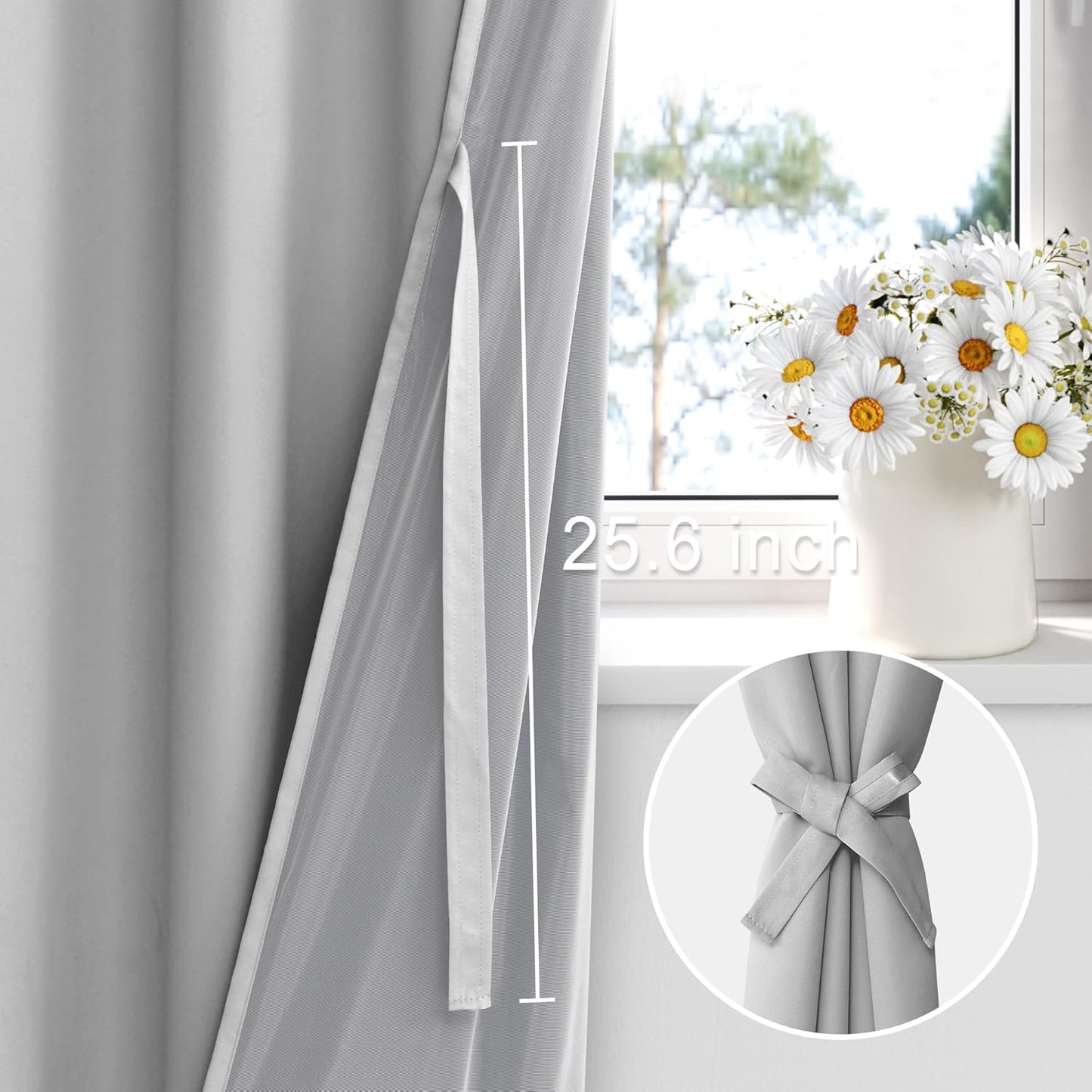 XWZO Full Shading Blackout Curtains 54 Inches Length with Tiebacks- Heat and Light Blocking Rod Pocket Window Drapes with Black Liner Backing for Bedroom/Kid's Room, Light Grey, W52 x L54, Set of 2