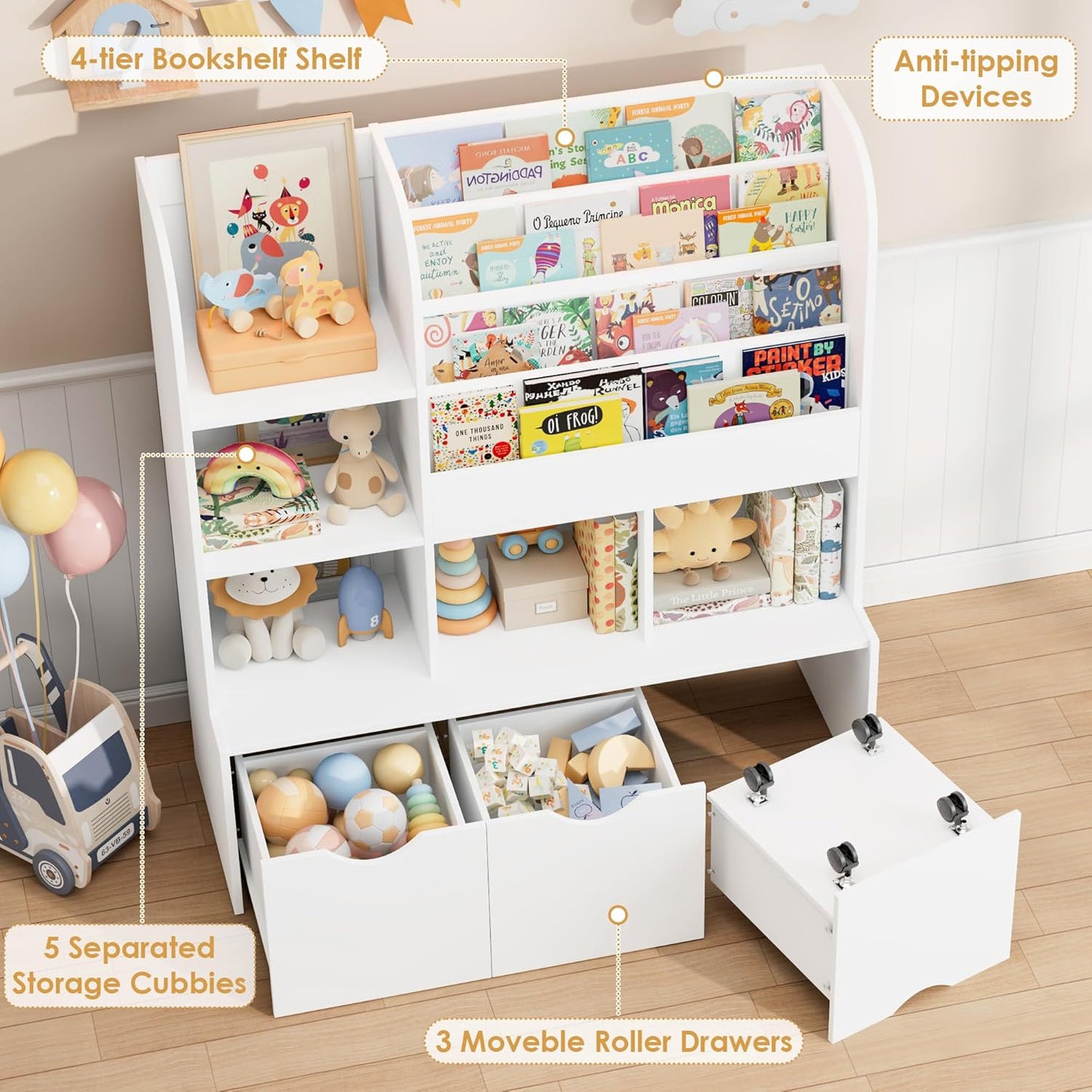 FOTOSOK 47'' Kids Bookcase and Bookshelf, Multifunctional Bookcase with 5 Storage Cubbies and 3 Movable Drawers, Toy Storager Display Stand, Toy Storage Organizer for Bedroom, Playroom, Hallway, White