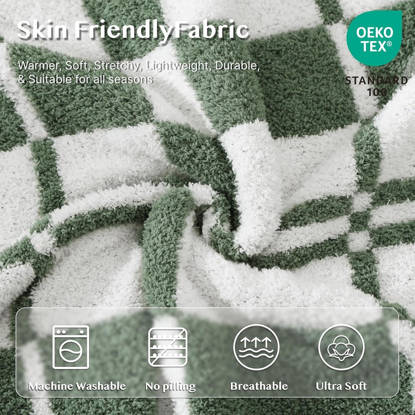 WRENSONGE Checkered Throw Blanket Olive Green Soft Cozy Fluffy Warm Hand Made Weave Throw Blankets for Couch, Sofa, Chair, Bed, Camping, Picnic, Travel Lightweight Bed Blanket - 60"*80"