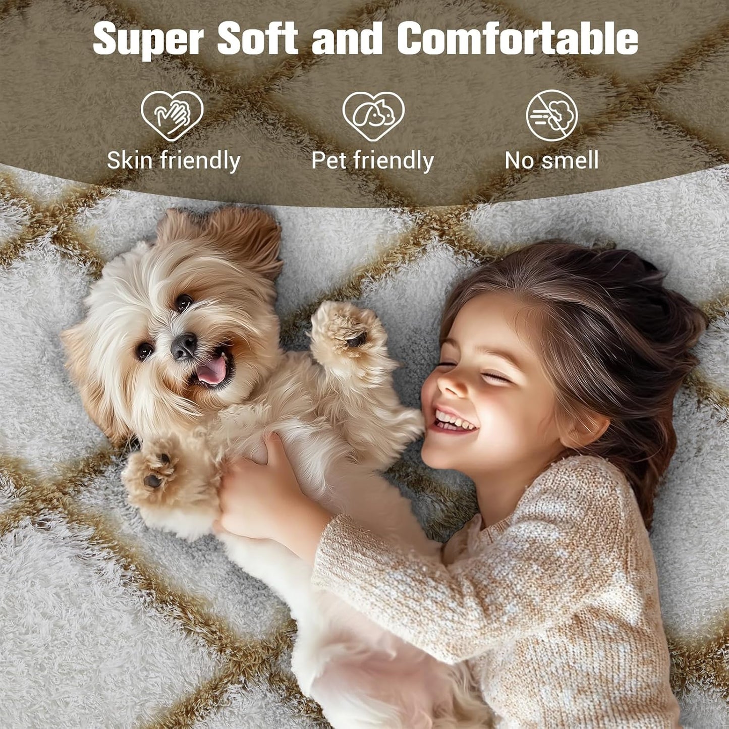 Fluffy Rug for Bedroom, 8X10Feet Stripe Checkered Rug Anti-Skid High Pile for Living Room Bedroom Kids Room Nursery, Dorm Home Decor