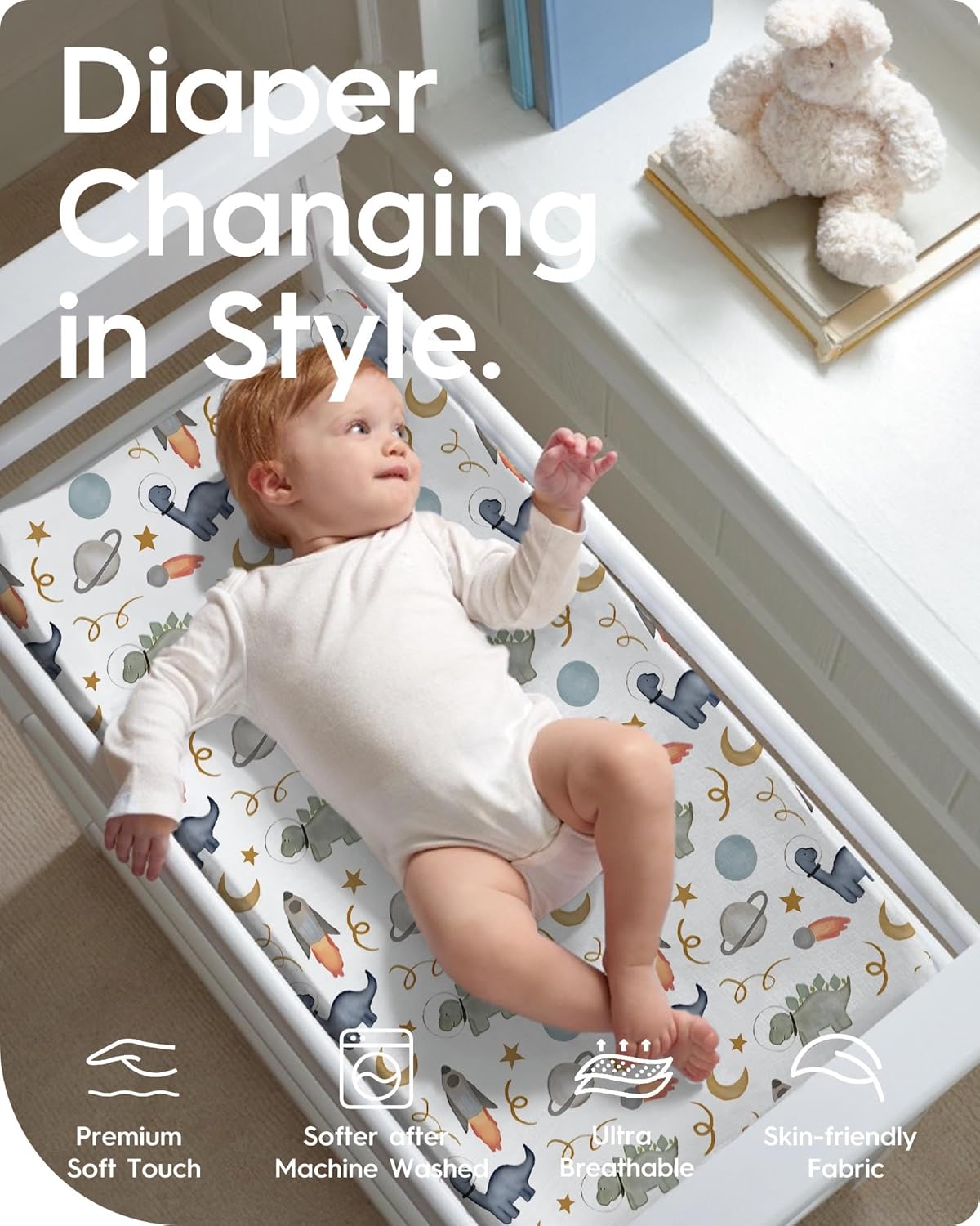 Changing Pad Cover for Girls Boys, TotBasic Premium Soft Boho Changing Table Covers, Stretchy Jersey Changing Table Sheets - Fits All Standard Changing Tables - 2 Pack (Dino Space)