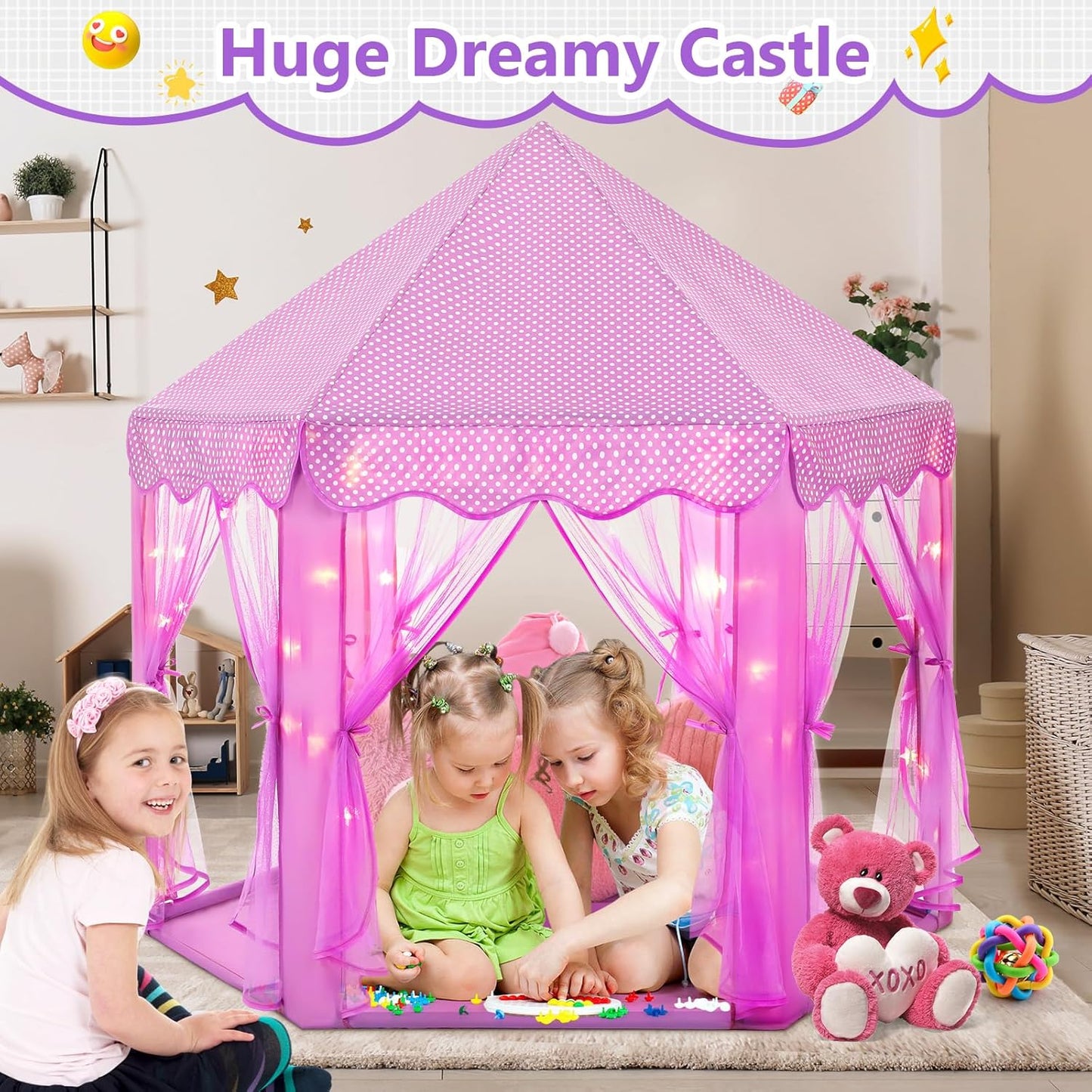 Monobeach Princess Tent Girls Large Playhouse Kids Castle Play Tent with Star Lights Gift Toy for Children Indoor and Outdoor Games, 55'' x 53'' (DxH) (Purple)
