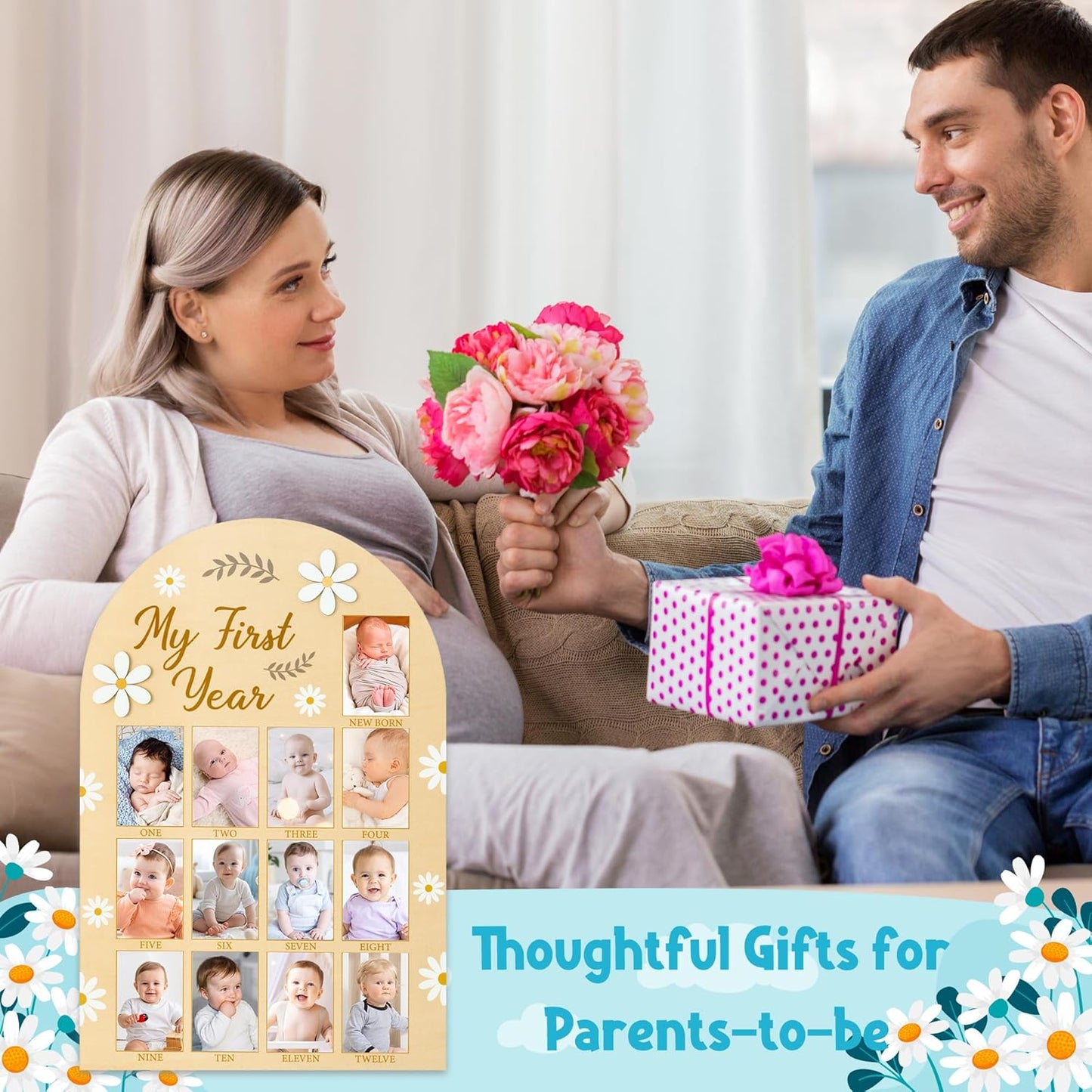 R HORSE My First Year Photo Display Wood Board, 3D Daisy Baby's First Year Picture Frame 12 Months Milestone Board Neutral Baby Keepsake Birthday Nursery Decor Gift for Boy Girl