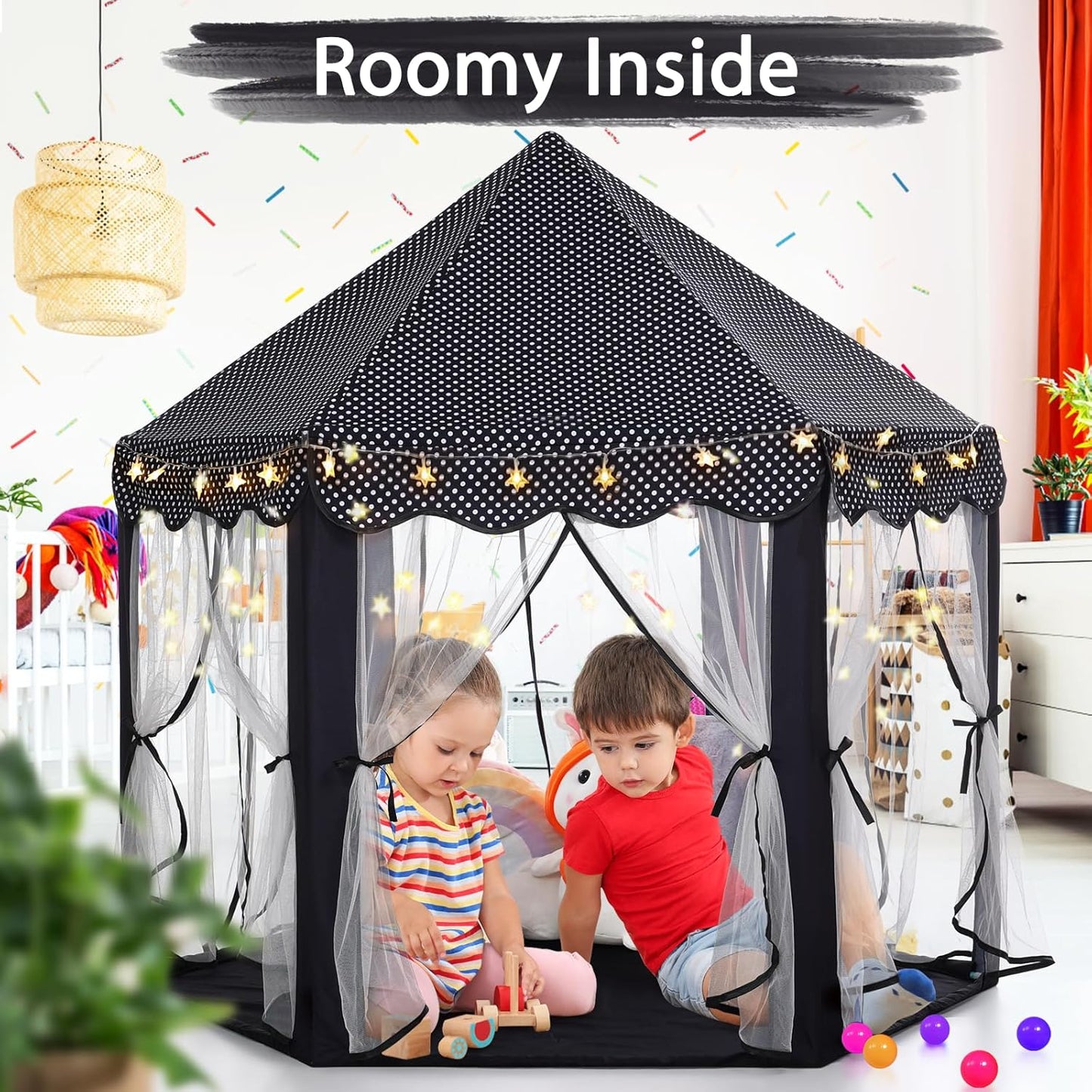 Monobeach Princess Tent Girls Black Large Playhouse Kids Castle Play Tent with Star Lights Gift Toy for Children Indoor and Outdoor Games
