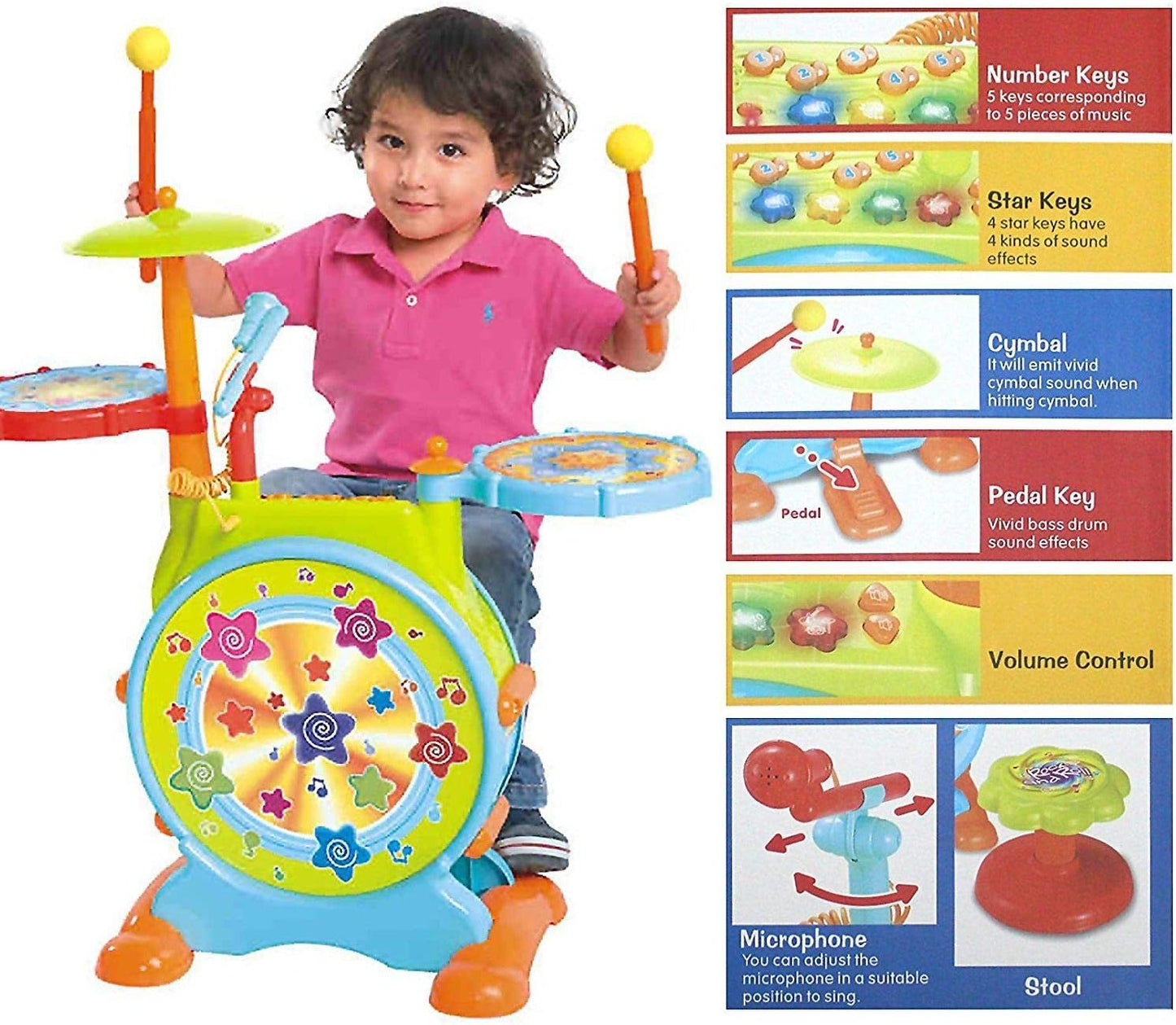 Play Baby Musical Big Toy Kids Drum Set with Adjustable Mic and Seat - Many Functions and Activities for Hours of Play - Pretend to Be A Real Drummer with Drumsticks, Pedals, and Bass Drum