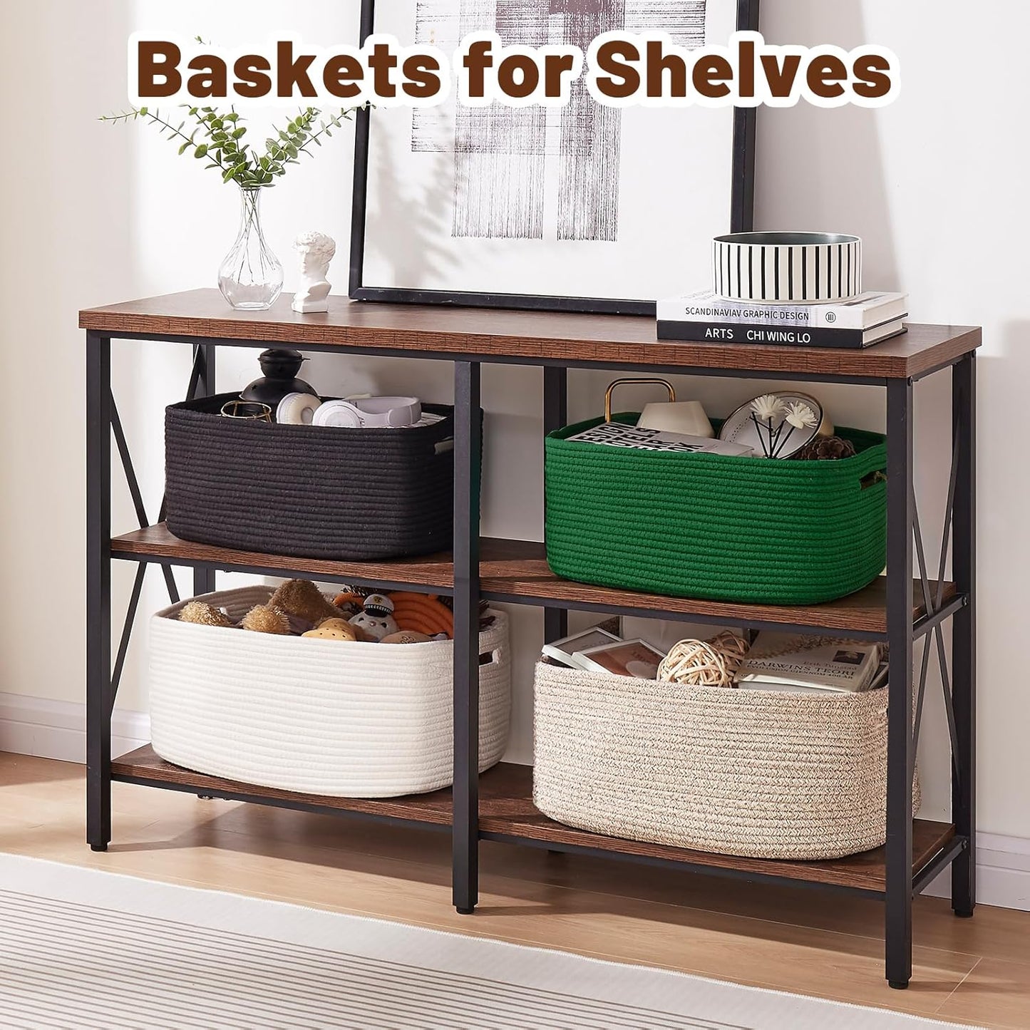OIAHOMY Storage Basket for Shelves, Closet Cube Storage Bins Baskets for Clothes Blanket Towels, Baby Nursery, Toy Baskets Box, Woven Rope Basket, 17.72*12.99*7.87 IN, 2 Packs Olive Green