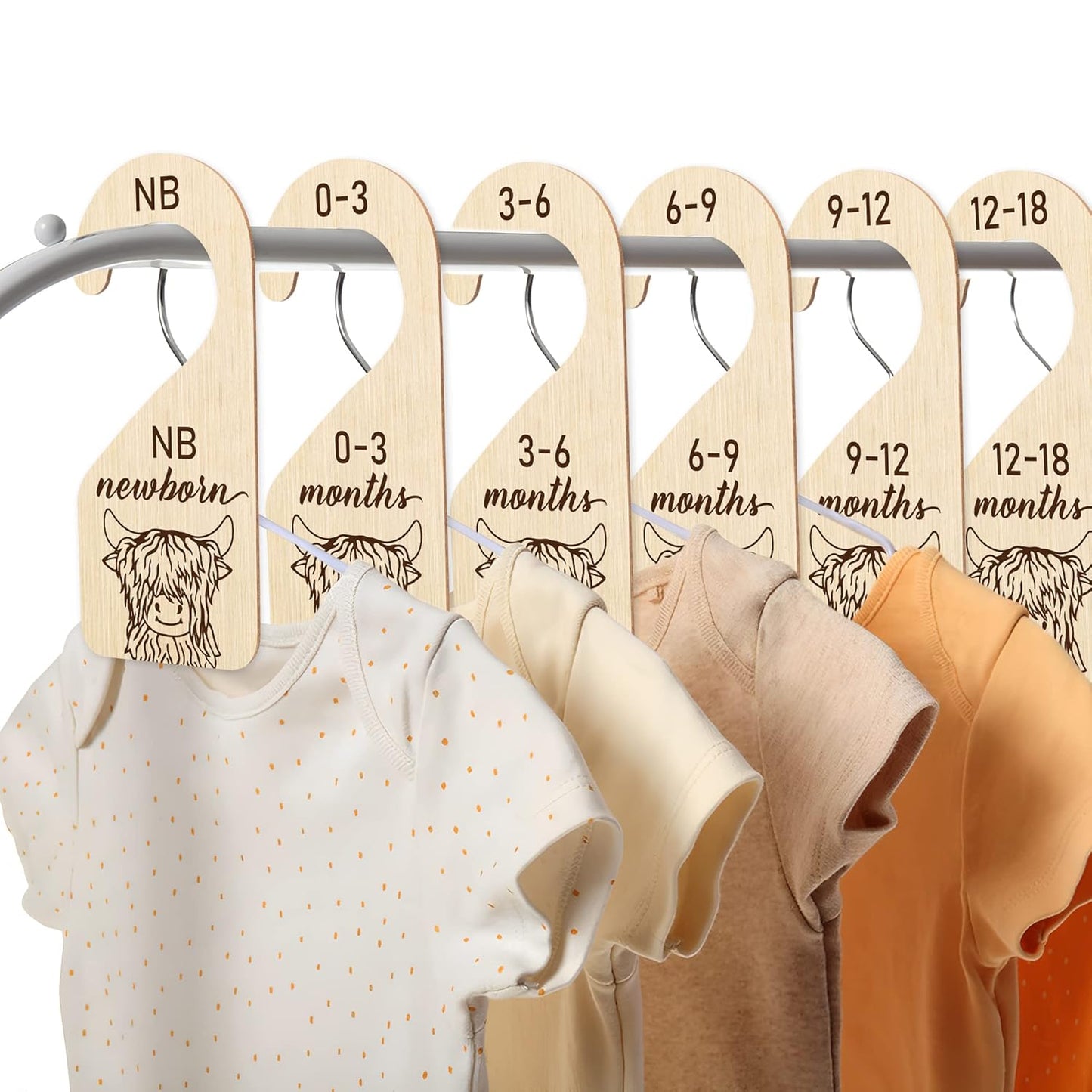 R HORSE 8Pcs Highland Cow Baby Closet Dividers, Double Sided Baby Closet Organizers Nursery Hanger Dividers Wood Size Dividers for Boy Girl Birthday Christmas Gift (0-24 Months)