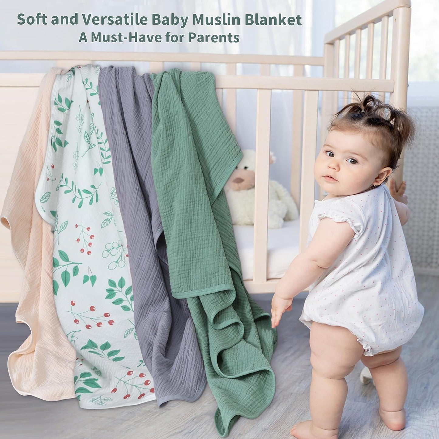 Muslin Swaddle Blankets for Newborn, 2 Pack Breathable Soft Receiving Blanket, Large 41 x 41 inches Swaddle Wrap Burping Clothes, Essentials Infant Shower Items. (Green & Leaves)