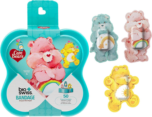 BioSwiss Care Bears Bandages, Classic Care Bear Shaped Self Adhesive Bandage, Latex Free Sterile Wound Care, Fun First Aid Kit Supplies for Kids, 50 Count