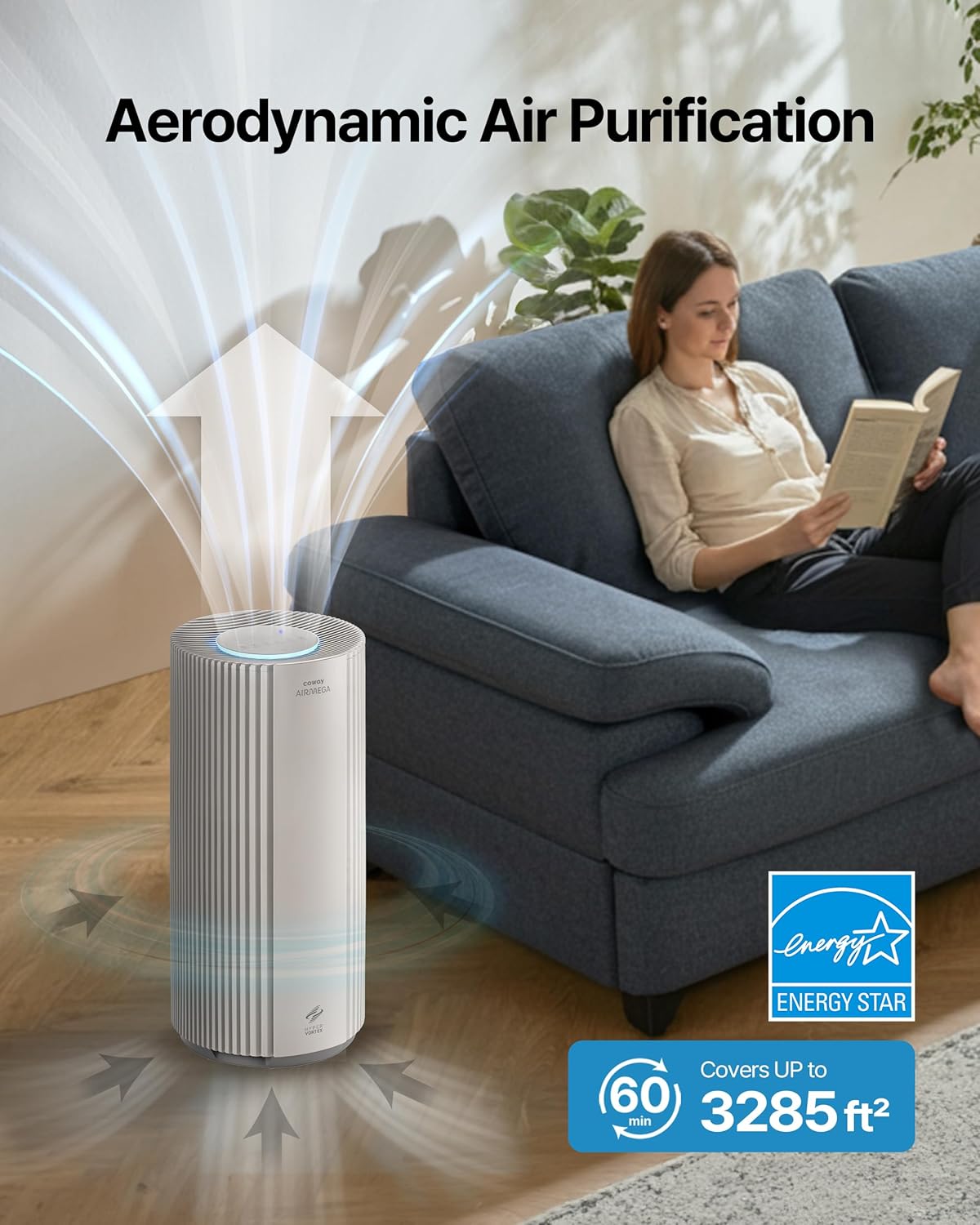 COWAY Air Purifiers for Large Room Whole Home Up to 3,285ft², True HEPA Filter for Smoke, Allergen, Pet Dander, Odor, PM(1, 2.5, 10), AQI, Turbo Eco Mode, Energy Star, 3yr Warranty, Airmega 450 White