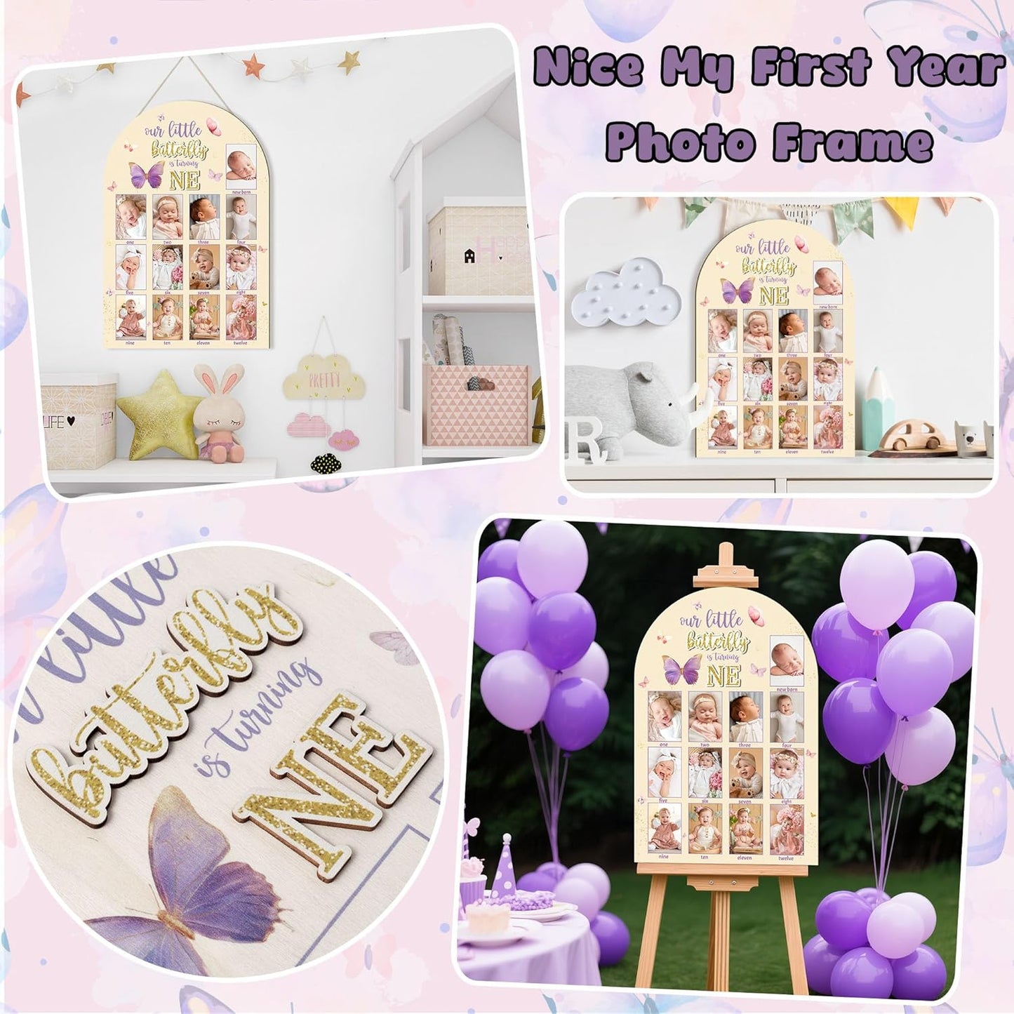 R HORSE My First Year Photo Display Wood Board - 3D Pink Purple Butterfly Baby's First Year Picture Frame, 12 Months Milestone Board Neutral Baby Keepsake Gift 1st Birthday Nursery Decor for Girl
