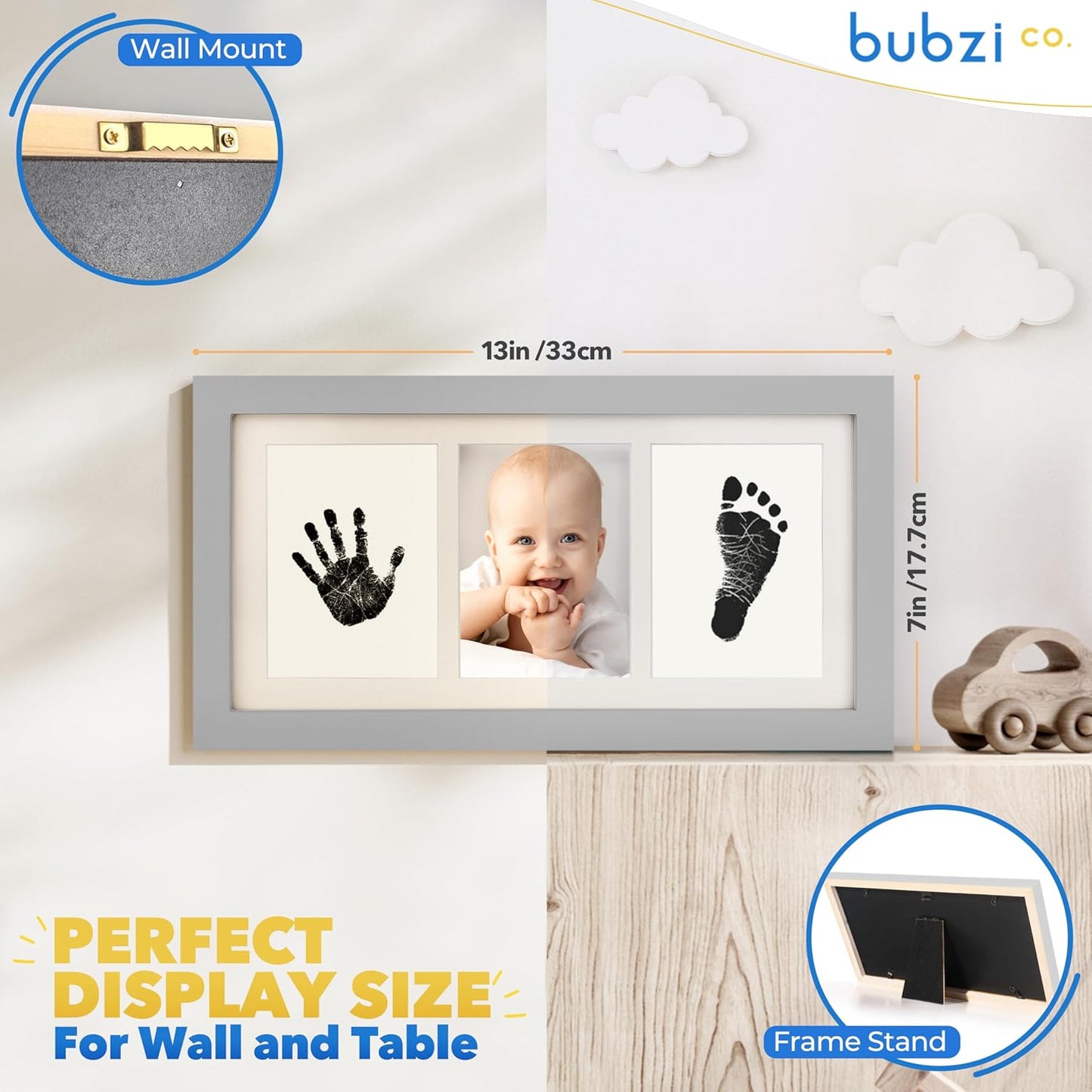 Bubzi Co Baby Handprint Kit & Footprint Photo Frame for Newborn Girls and Boys, Unique Baby Shower Gifts Set for Registry, Memorable Keepsake Decorations for Room Wall or Nursery Decor (Cool Gray)