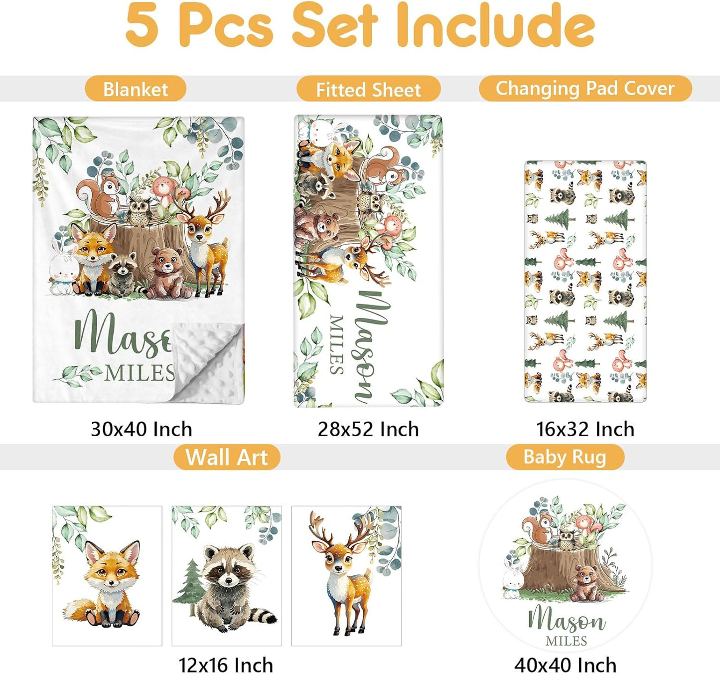 Personalized Baby Bedding Set, 5 Pcs Custom Baby Crib Sets with Name, Toddler Bedding Set for Baby Boys Girls, Forest Animal Double Layer Nursery Bedding Set, Customized Gifts for Infants Kids