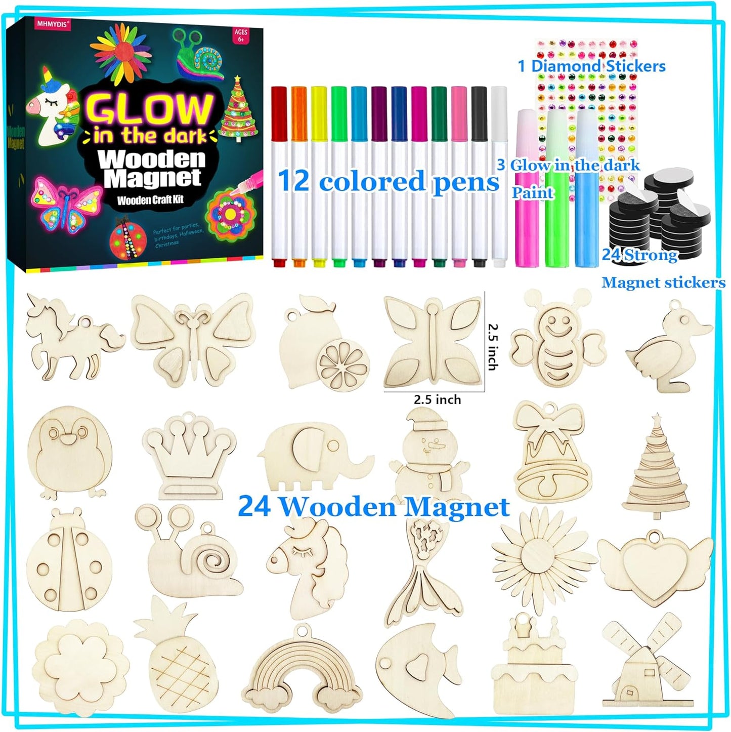 Wooden Magnets Painting Kit - Glow in The Dark - Arts & Crafts Supplies Painting Kit for Kids 4-8 8-12 - Family Crafts and Birthday Christmas Activities, Party Favors for Boys Girls Ages 4 5 6 7 8 9