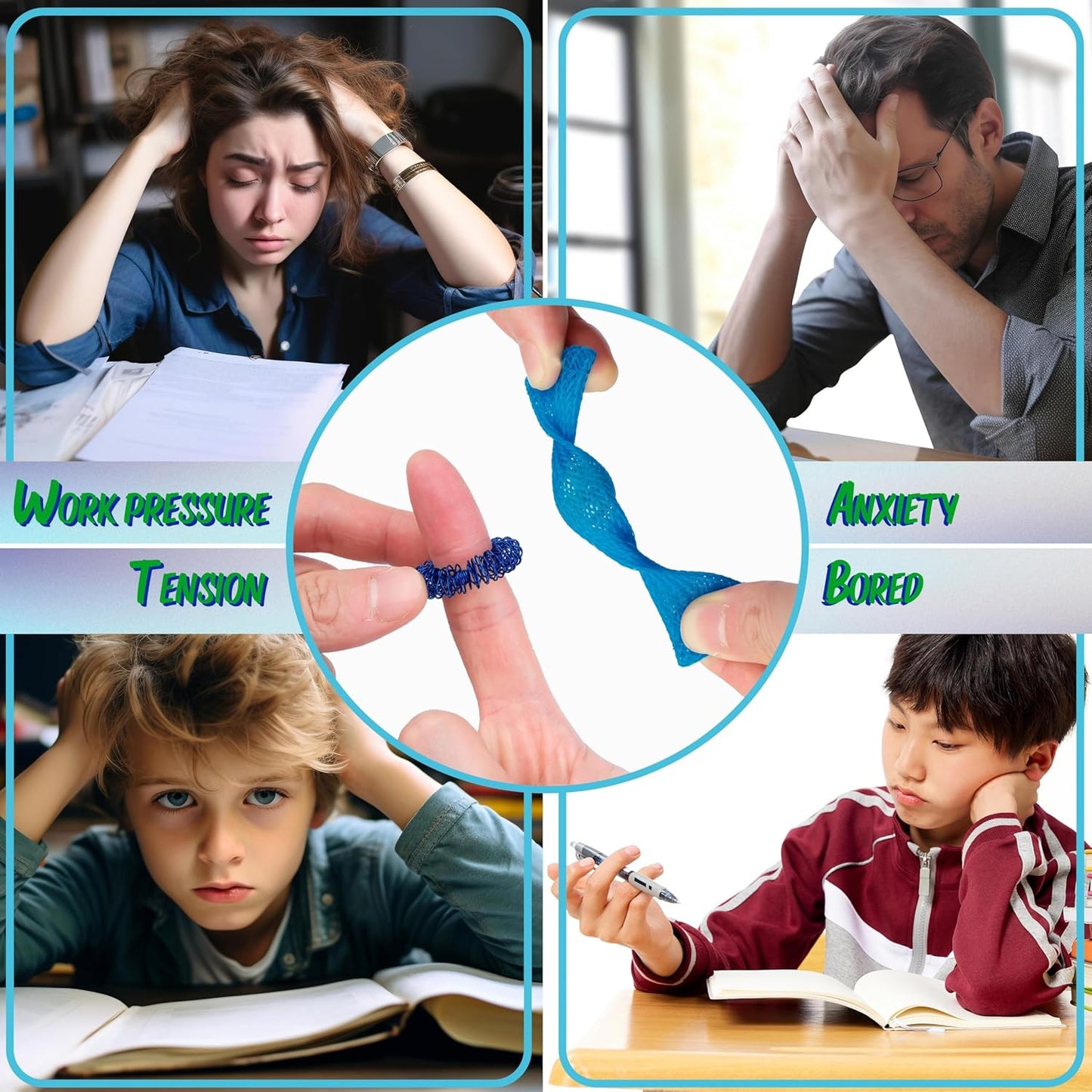 Sensory Fidget Toy 10 Set Roller Bike Chain Fidget Spinner and Marble Fidget Stress Pea Pod Stress Relief Tools, Spiky Sensory Finger Rings for Kids and Adults with Attention Disorder