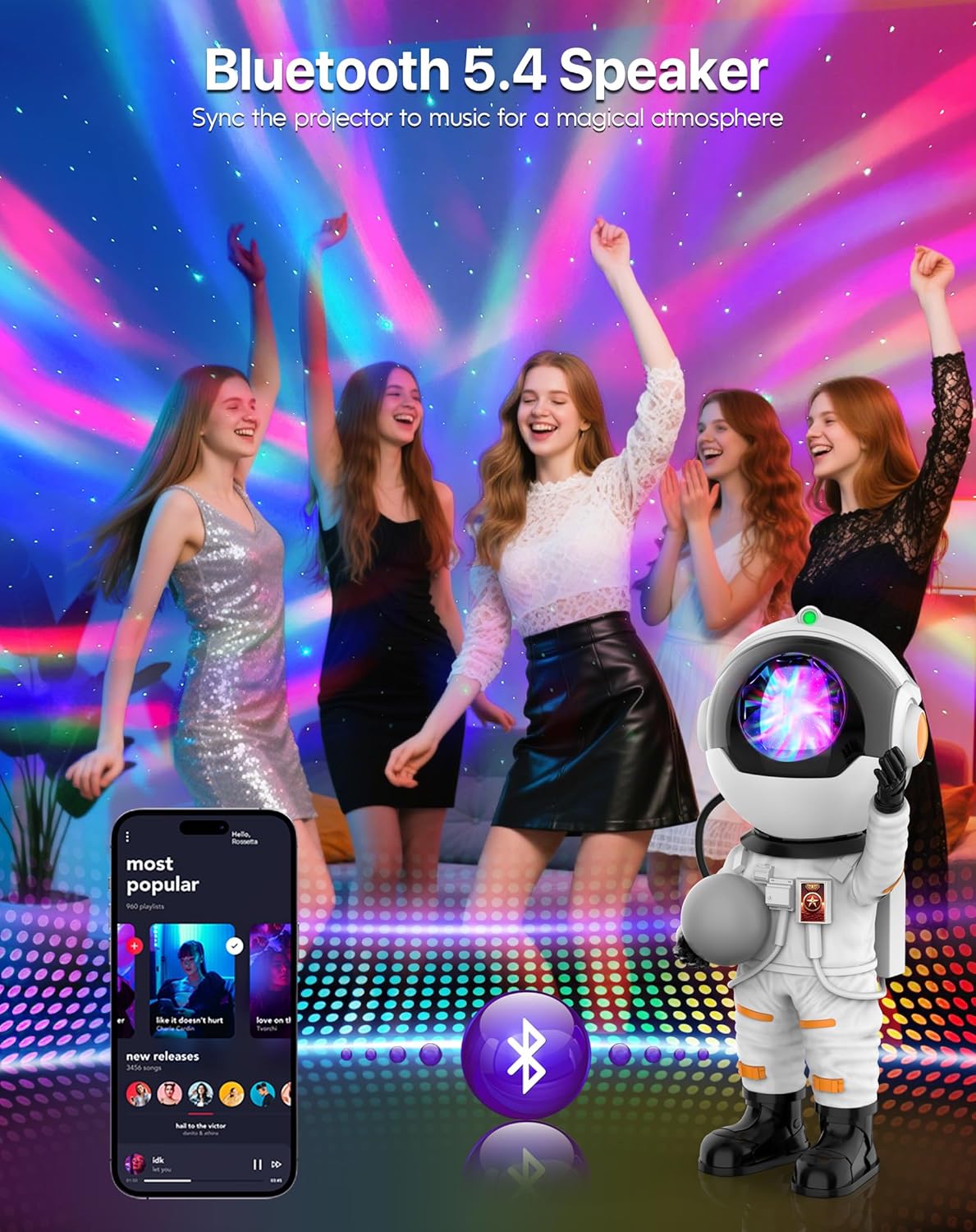 Rossetta Astronaut Galaxy Projector, Star Projector for Bedroom Bluetooth Speaker White Noise Night Light, Galaxy Light Projector with Remote Control and Timer for Kids, Adult, Party, Gifts