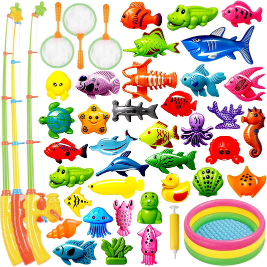 CozyBomB™ Magnetic Fishing Toys Game Set for Kids | Water Table Bathtub Kiddie Pool Party & Pole Rod Net, Plastic Floating Fish Toddler Color Ocean Sea Animals Birthday Age 3 4 5 6 Year