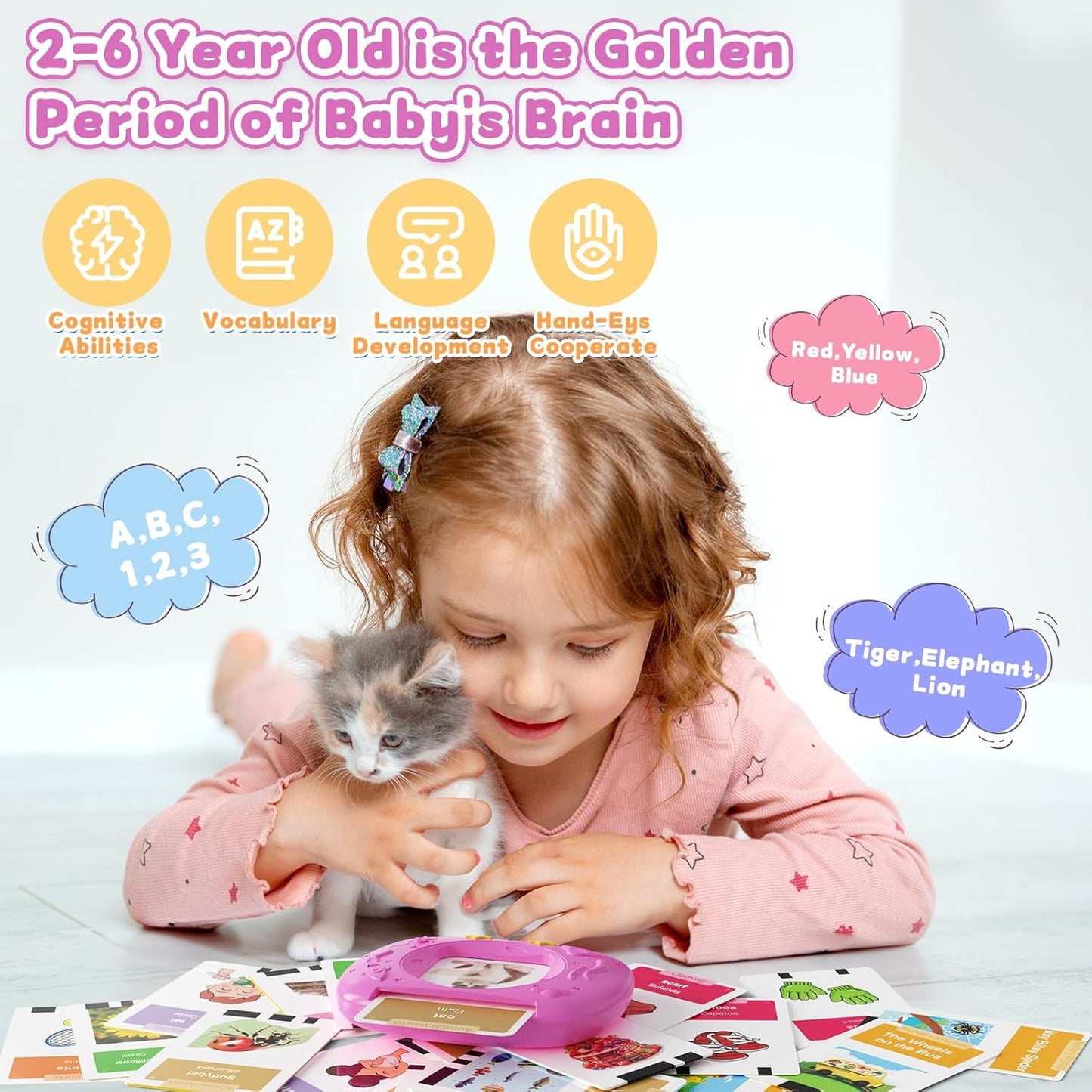 Toddlers Bilingual Spanish & English Talking Flash Cards with 288 Sight Words, Speech Therapy Toys for 1 2 3 4 5 6 Years Old Boys and Girls, Learning Educational Kids Gifts (Pink)