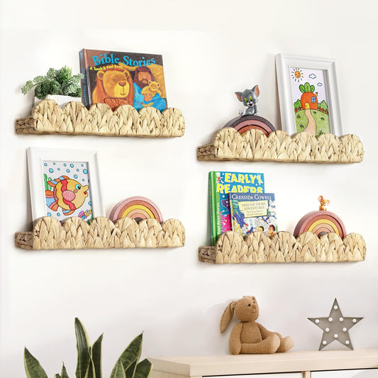 AELS Scalloped Nursery Bookshelf, Set of 4, Picture Ledge Shelf for Wall Decor, Woven Natural Water Hyacinth Floating Shelves for Books, Toys, Photo Frames, Nursery, Boho Modern Farmhouse Book Shelf
