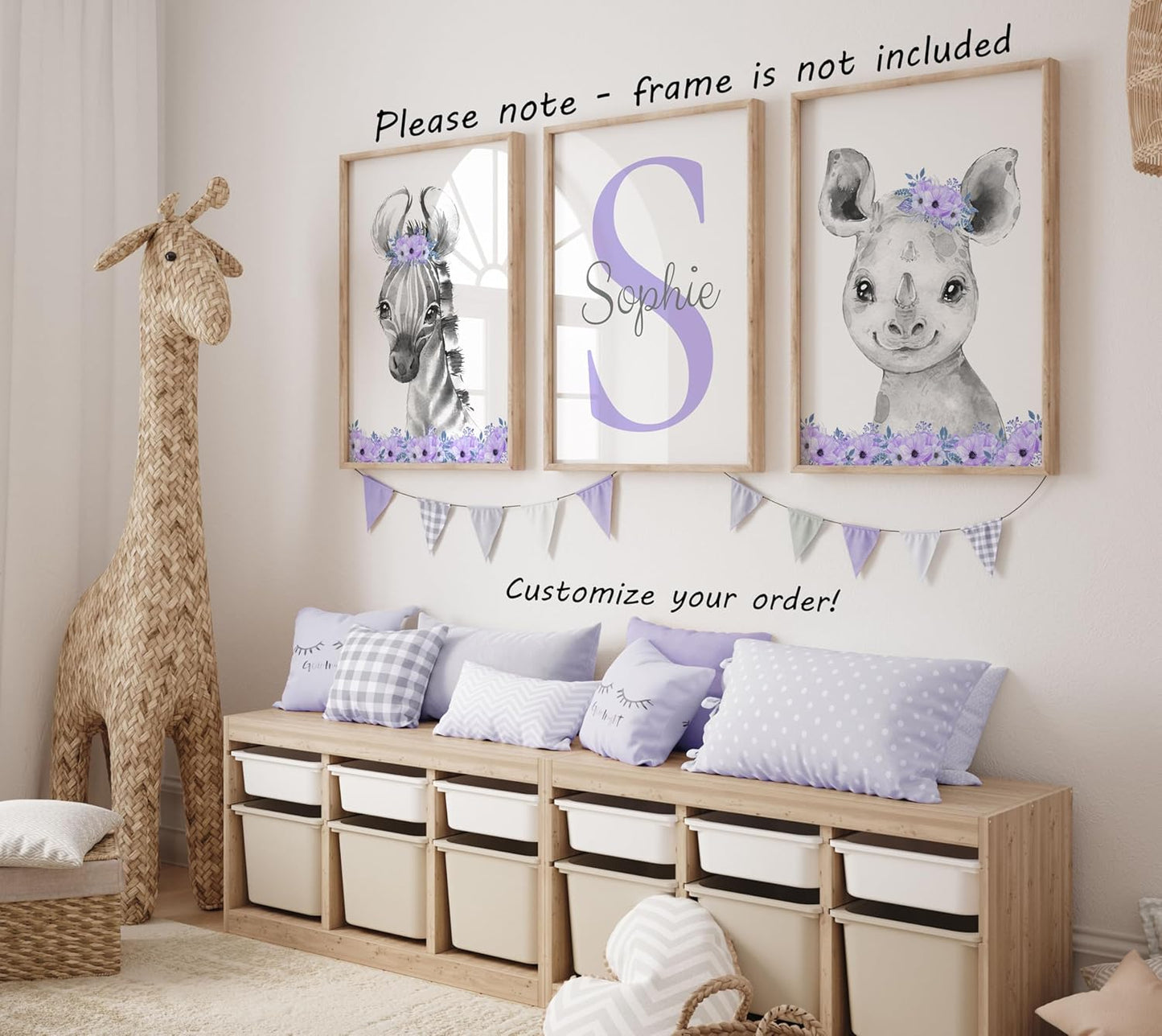 Safari Animals Girls Nursery Bedroom Unframed Set of 3 Poster Prints, Personalized Name Pink or Purple Flowers Wall Art Decor New Baby Gift Present, Elephant Giraffe Panda Zebra Lion (17x22)