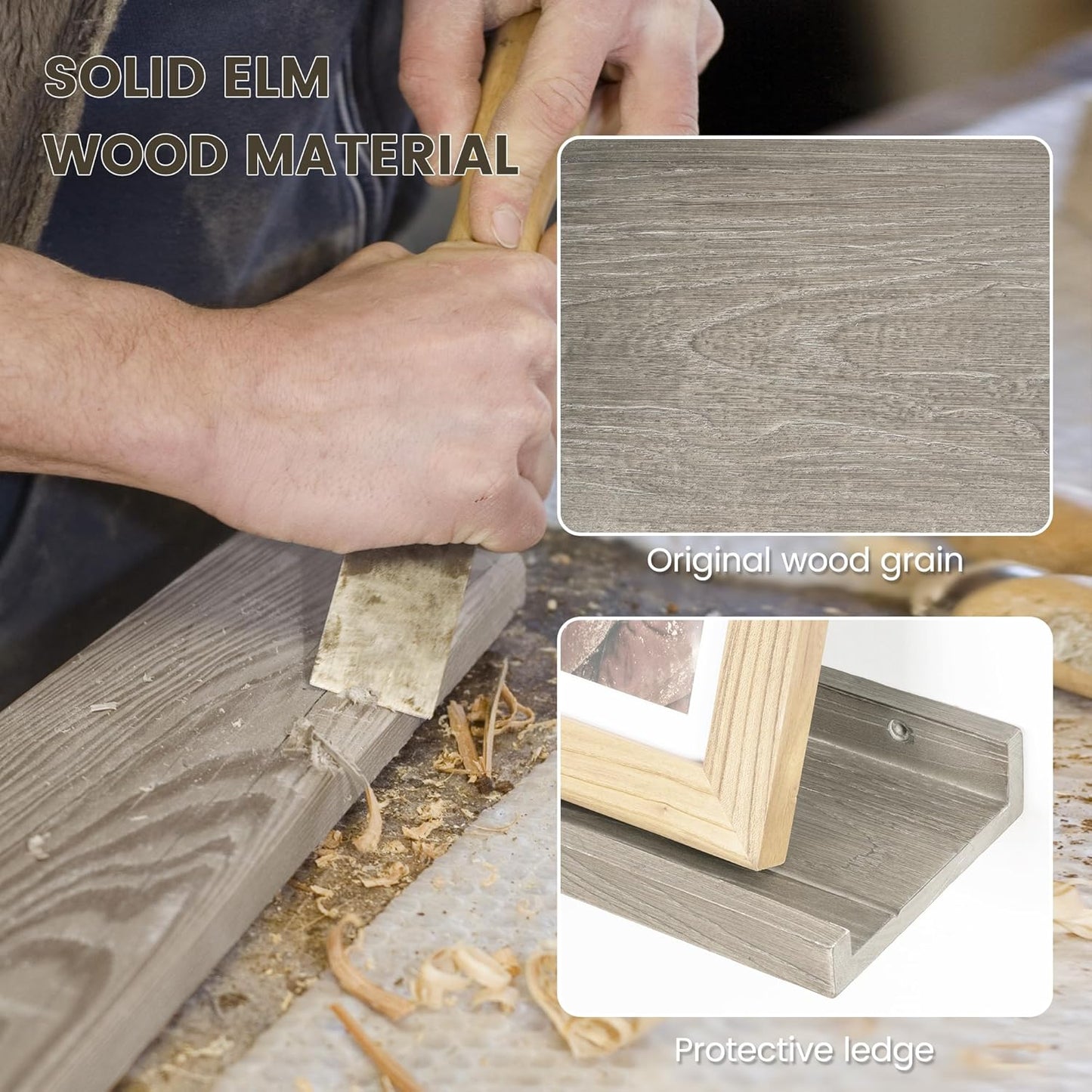 Picture Ledge Shelf, 48 Inch Long Floating Shelves for Wall, Nursery Bookshelf for Storage with Lip, Rustic Elm Wood Photo Ledge Shelves for Bedroom, Living Room, Kitchen (Grey, 48in Set of 2)