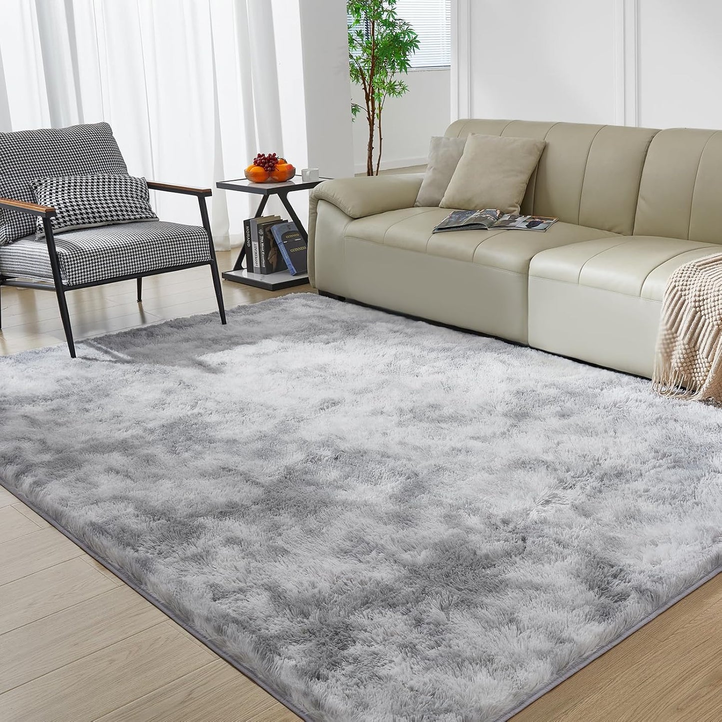 Ultra Soft Rug for Living Room, 9X12 Fluffy Shag Area Rug for Bedroom, Modern Shaggy Carpets Fuzzy Rug for Teens Dorm Nursery Home Decor Aesthetic, Upgrade Anti-Skid Durable, Tie-Dyed Light Grey