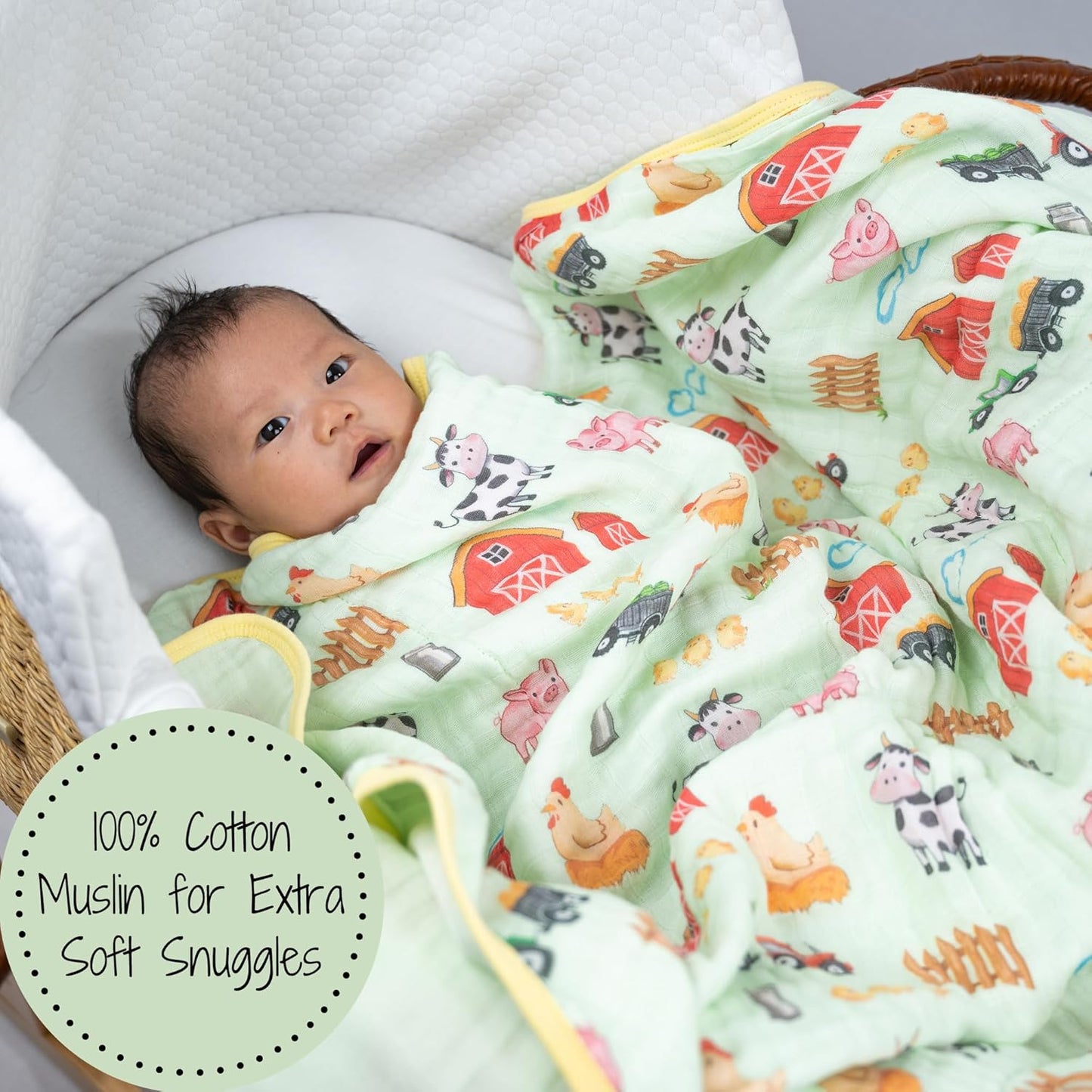 LollyBanks Muslin Baby Blanket 100% Organic Cotton, Muslin Quilt Lightweight, 6 Layers Soft Blanket Neutral, 47"x 47" Toddler Blankets for Girls and Boys, Nursery Receiving Blankets (Farm Theme Print)