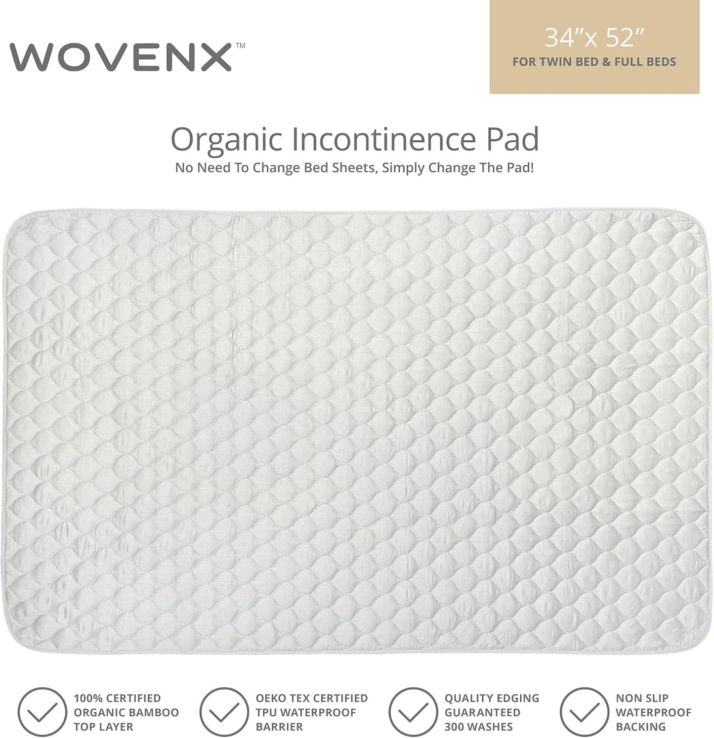 Organic Incontinence Pads for Kids & Toddlers - 5 Layer Waterproof Protectors for Overnight Bed Wetting - Reusable & Washable Pee Pads - Fits Twin to Full Size Beds - 34" x 52" White