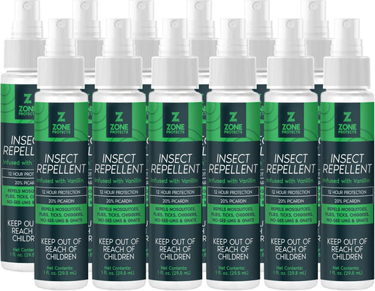 Scented Picaridin Insect Repellent; Twelve 1oz Mist Spray Bottles; 12-hr Proven Protection; Ticks, Mosquitoes, No-Seeums, Gnats and Chiggers