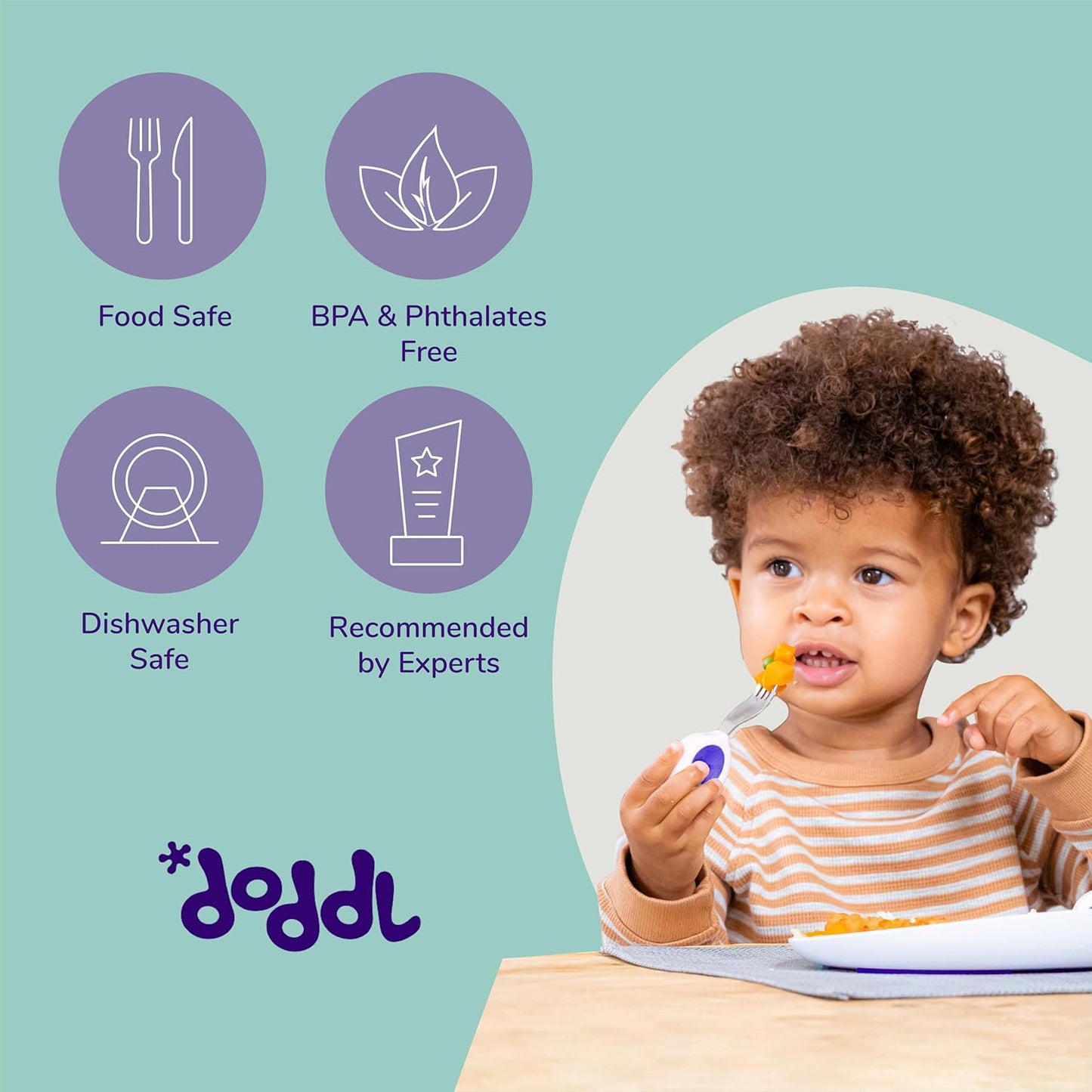 doddl Toddler Utensils, Ergonomic Fork and Spoon Set for Self Feeding, Stainless Steel Silverware for 1-3 Year Olds, BPA Free, Dishwasher Safe (Indigo)