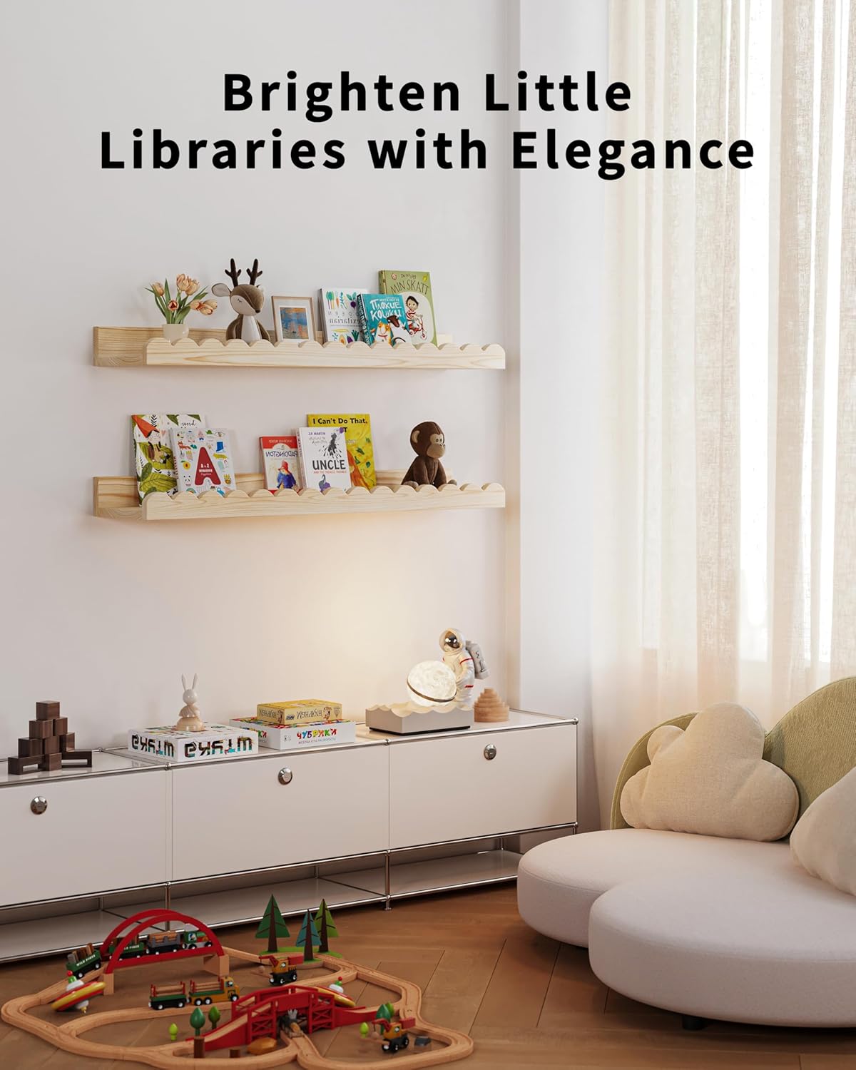 Nursery Book Shelves, 4-Pack Wood Floating Shelves for Wall Kids, Scalloped Shelves, Wall Book Shelves for Bedroom Kids, Toddler Room, Baby Room, Nursery Decor (Wood, 23 Inches)