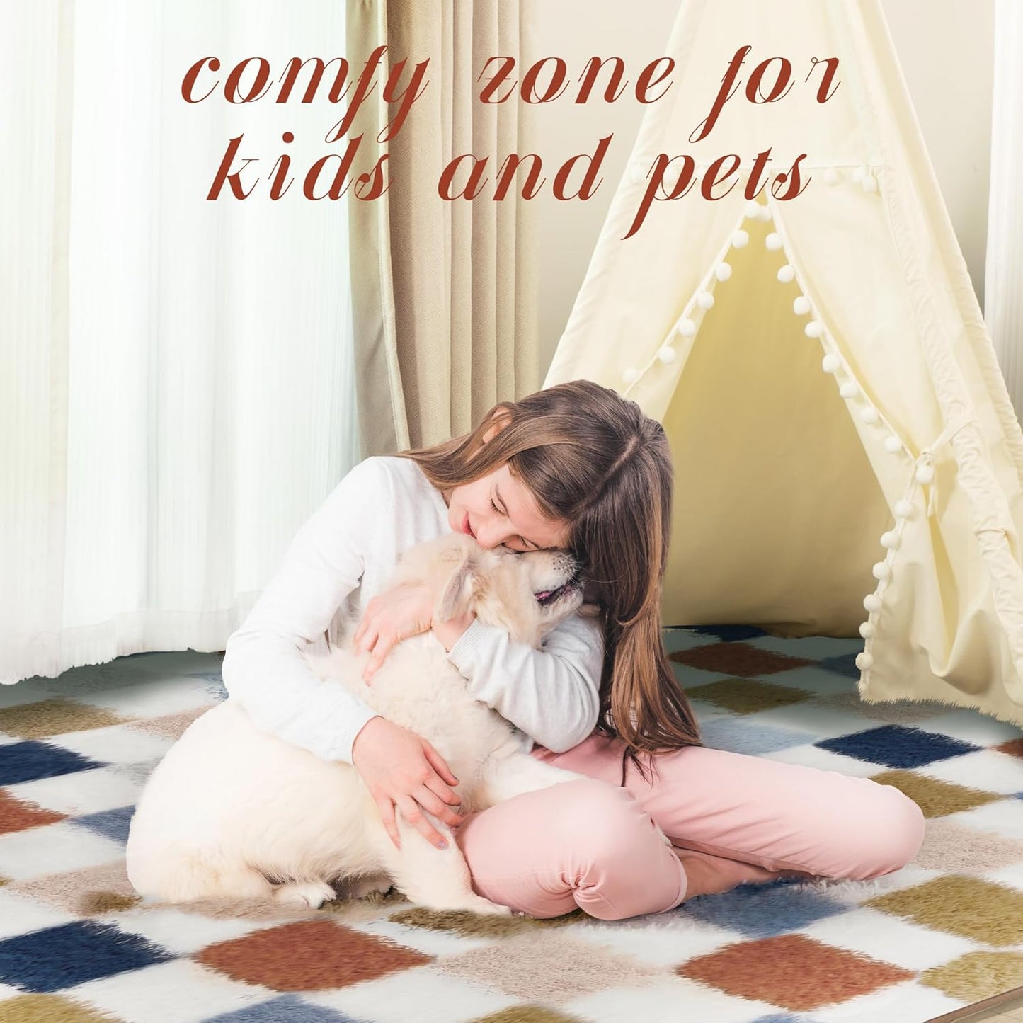 Super Soft Rug for Bedroom, 5x7 Ft Rainbow Area Rug Classic Checkered Shaggy Rug Anti-Skid High Pile Soft Fluffy Fuzzy Carpet for Living Room Bedroom Kids Room Nursery, Dorm Home Decor