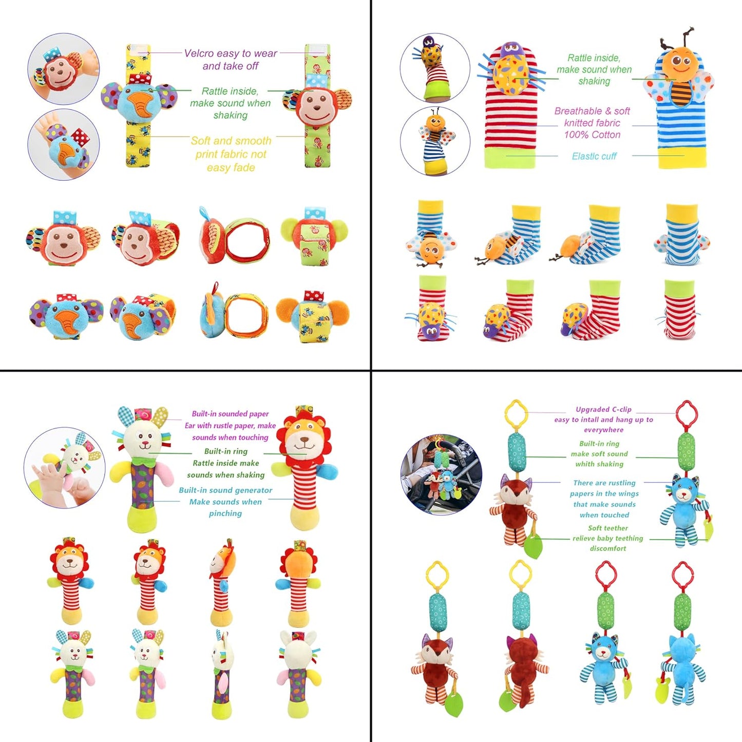 Wrist Rattles Foot Finder Rattle Sock Baby Toy, Hanging Rattle Toy, Arm Hand Bracelet Rattle, Feet Leg Ankle Socks, Activity Rattle Present Gift for Newborn Infant Babies Boy Girl Bebe (12 D)