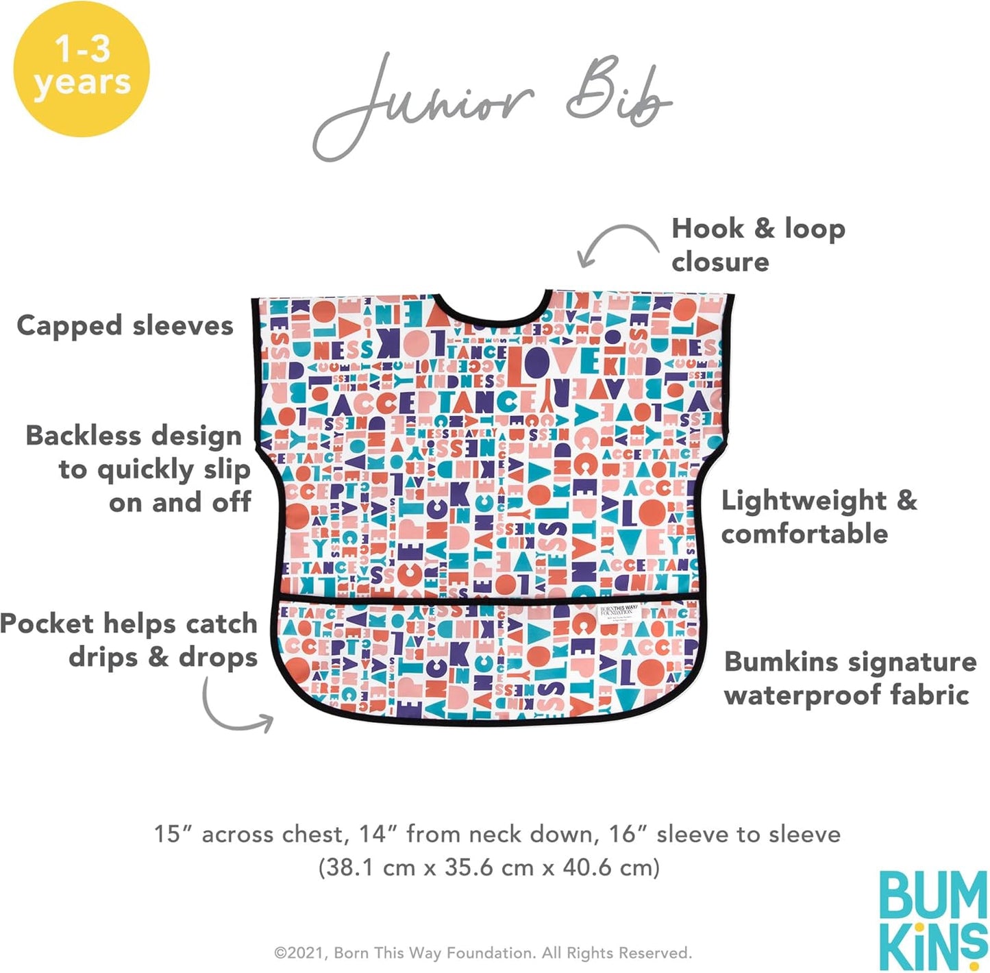 Bumkins Bibs - Toddler Bibs, Waterproof, Large for 1-3 Years, Short Sleeve