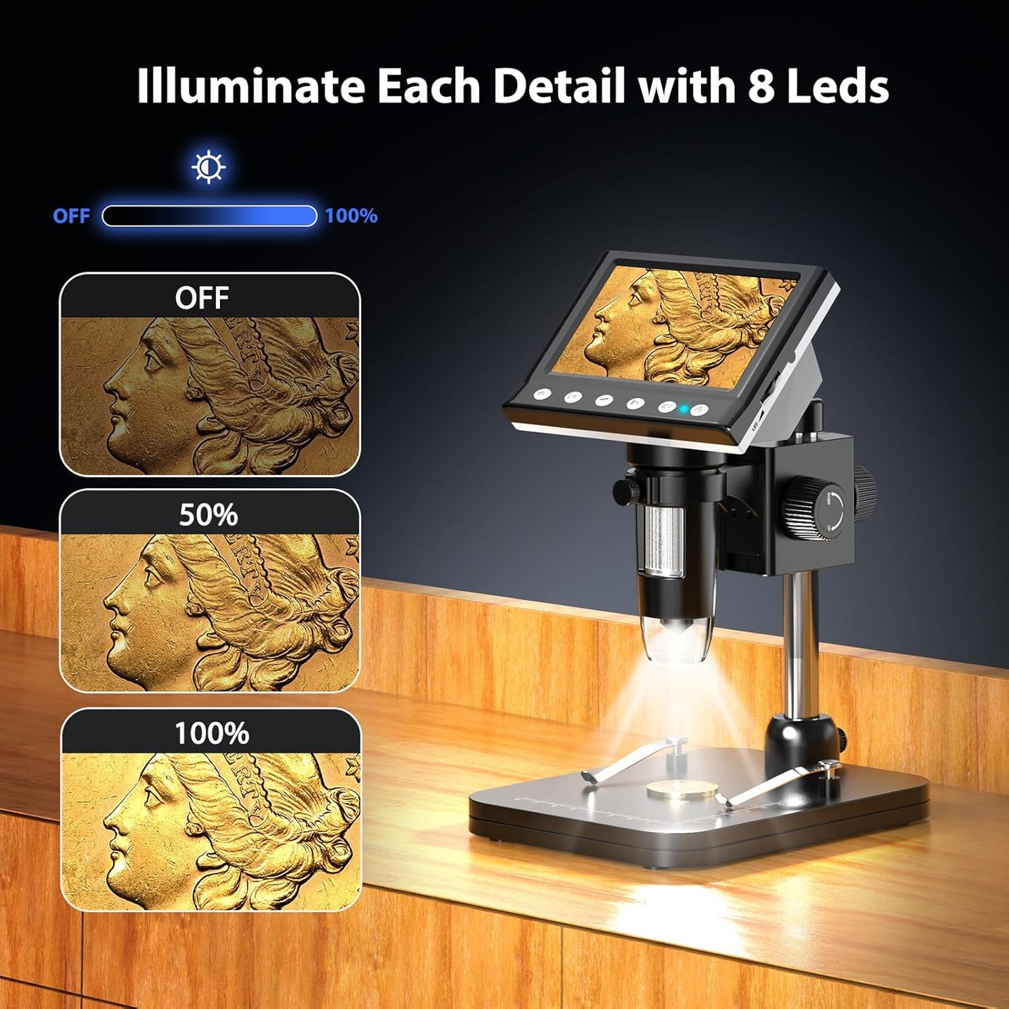 Hayve 4.3'' IPS Coin Microscope, 1000X Magnification Digital Microscope for Adults，Coin Collection Supplies with 8 Adjustable LEDs，Windows Compatible，32GB TF Card