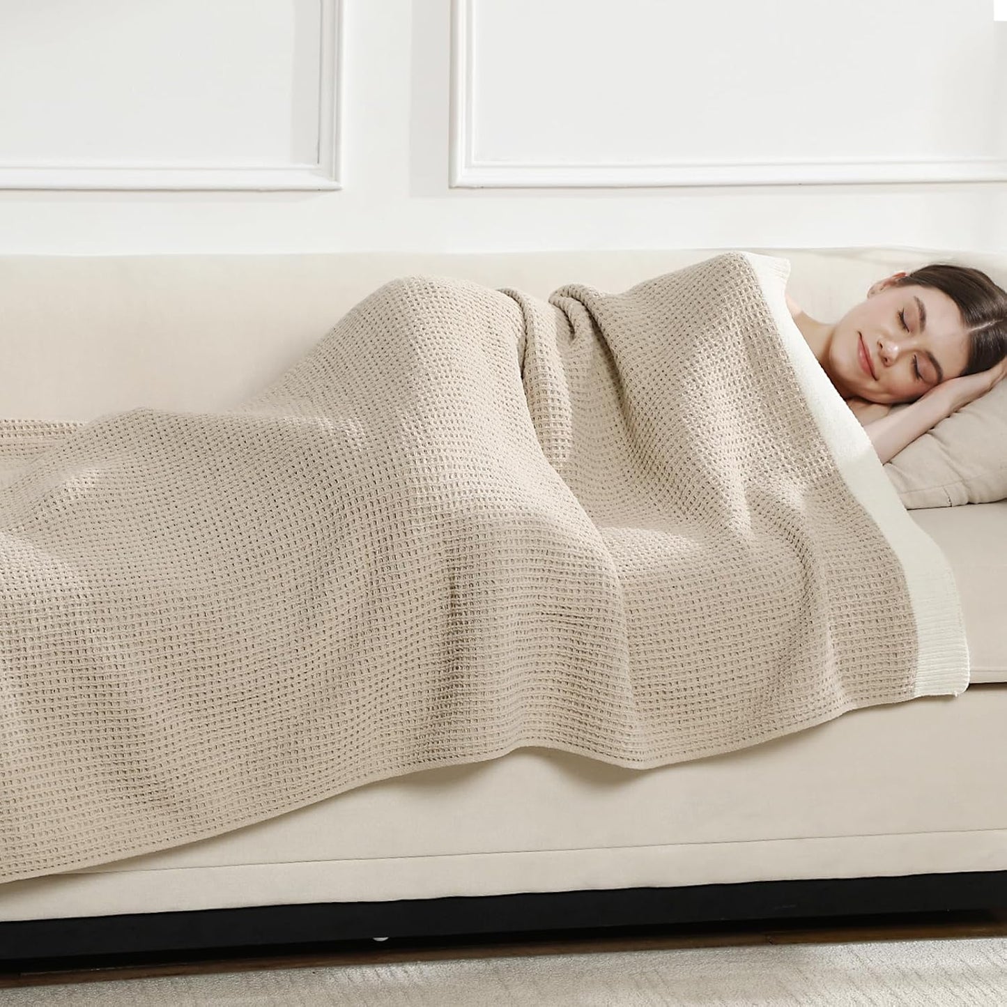 SeaRoomy Knit Throw Blanket,Super Soft Cozy Reversible Waffle Blanket,Warm Fluffy Fuzzy Plush Lightweight Double-Side Blanket for All Seasons for Couch,Sofa,Bed (Khaki,50"x70")