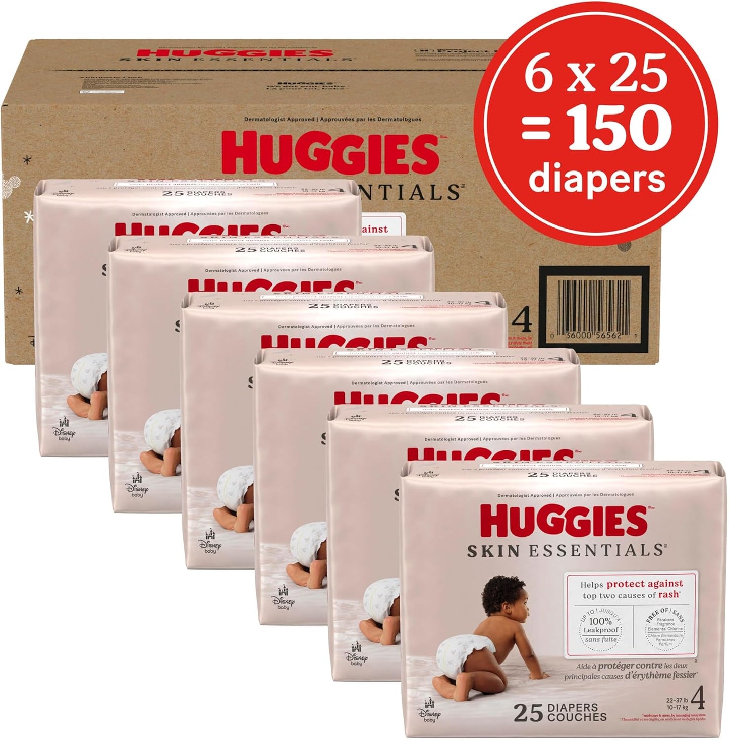 Huggies Size 4 Diapers, Skin Essentials Baby Diapers, Size 4 (22-37 lbs), 150 Count (6 Packs of 25), Packaging May Vary