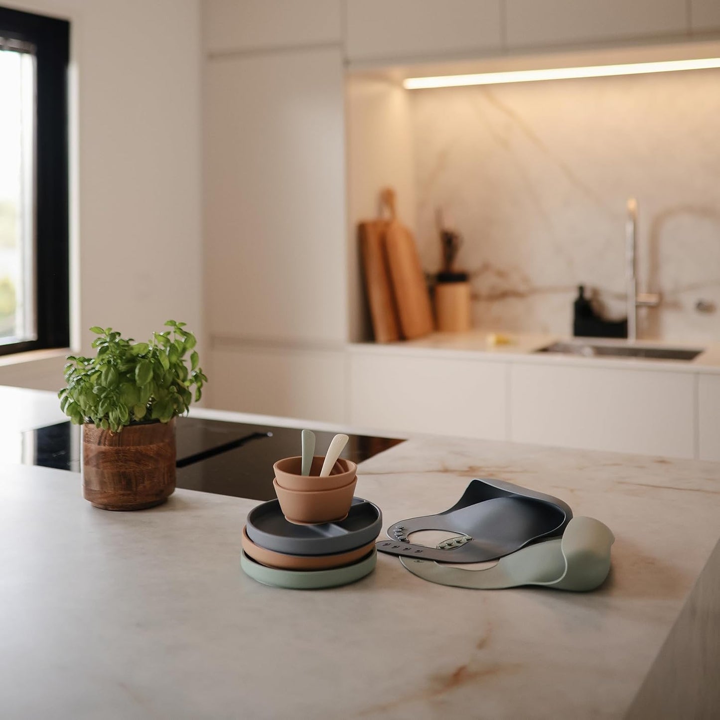 mushie Silicone Baby Bib | Adjustable Fit Waterproof Bibs (Silver Sage)