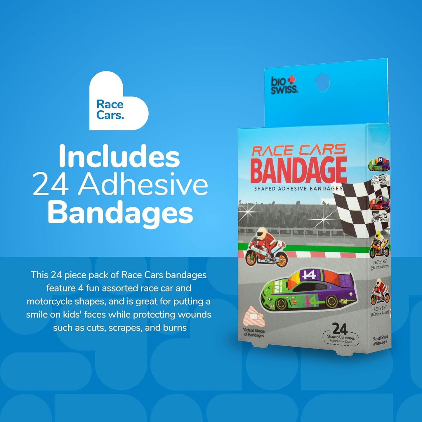 BioSwiss Bandages, Race Cars Shaped Self Adhesive Bandage, Latex Free Sterile Wound Care, Fun First Aid Kit Supplies for Kids and Adults, 24 Count