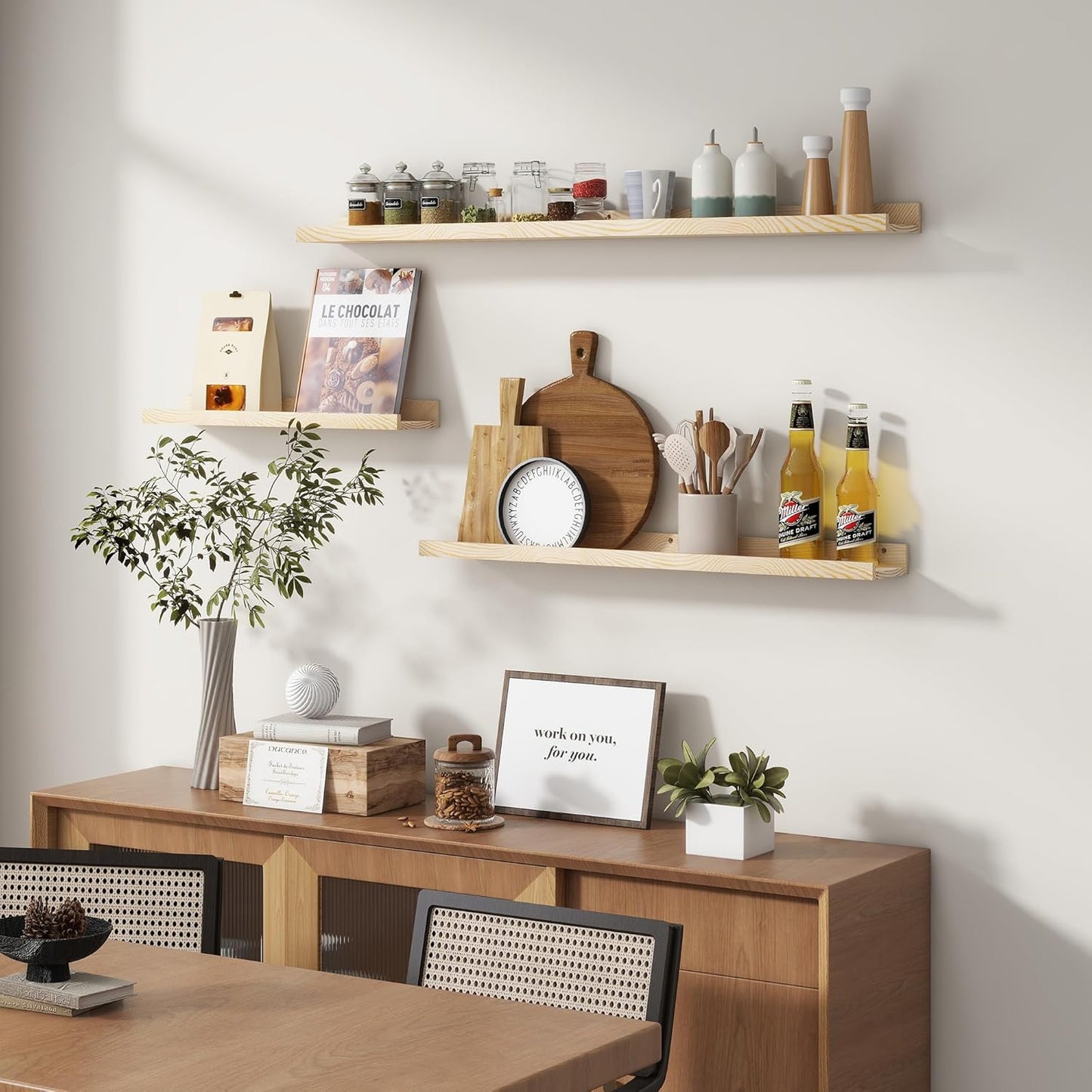 Picture Ledge Shelf for Wall, 24 inches Solid Pine Wood Nursery Book Shelves 3 Packs, Floating Ledge Shelves for Kids' Room Bedroom Bathroom Living Room Photo Frames Office Nursey Wall Decor, Natural