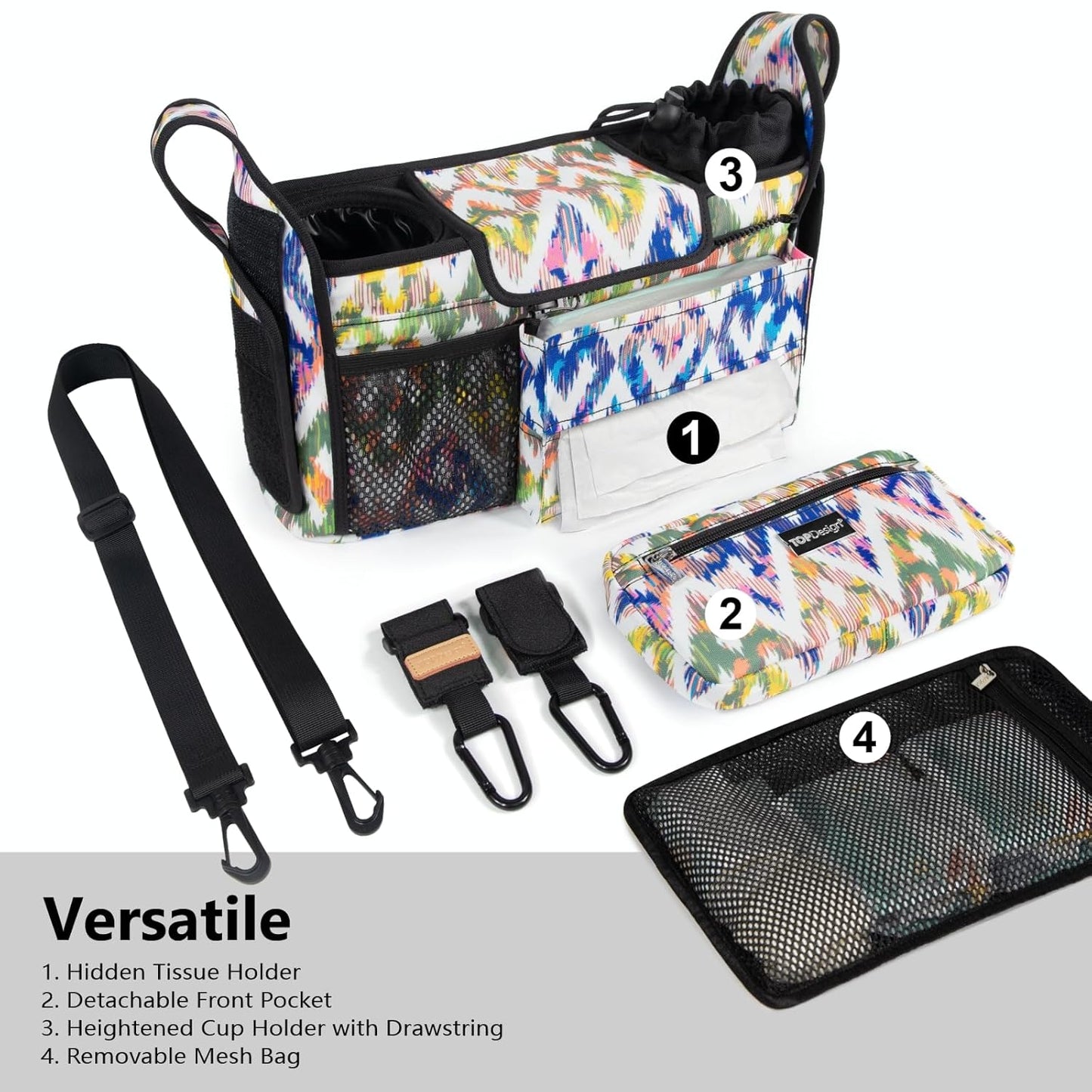 TOPDesign Universal Baby Stroller Organizer Caddy with Detachable Mesh Bag & Heightened Insulated Cup Holders & Non-Slip Secure Hooks Accessories, Fits Most Strollers (Colorful)