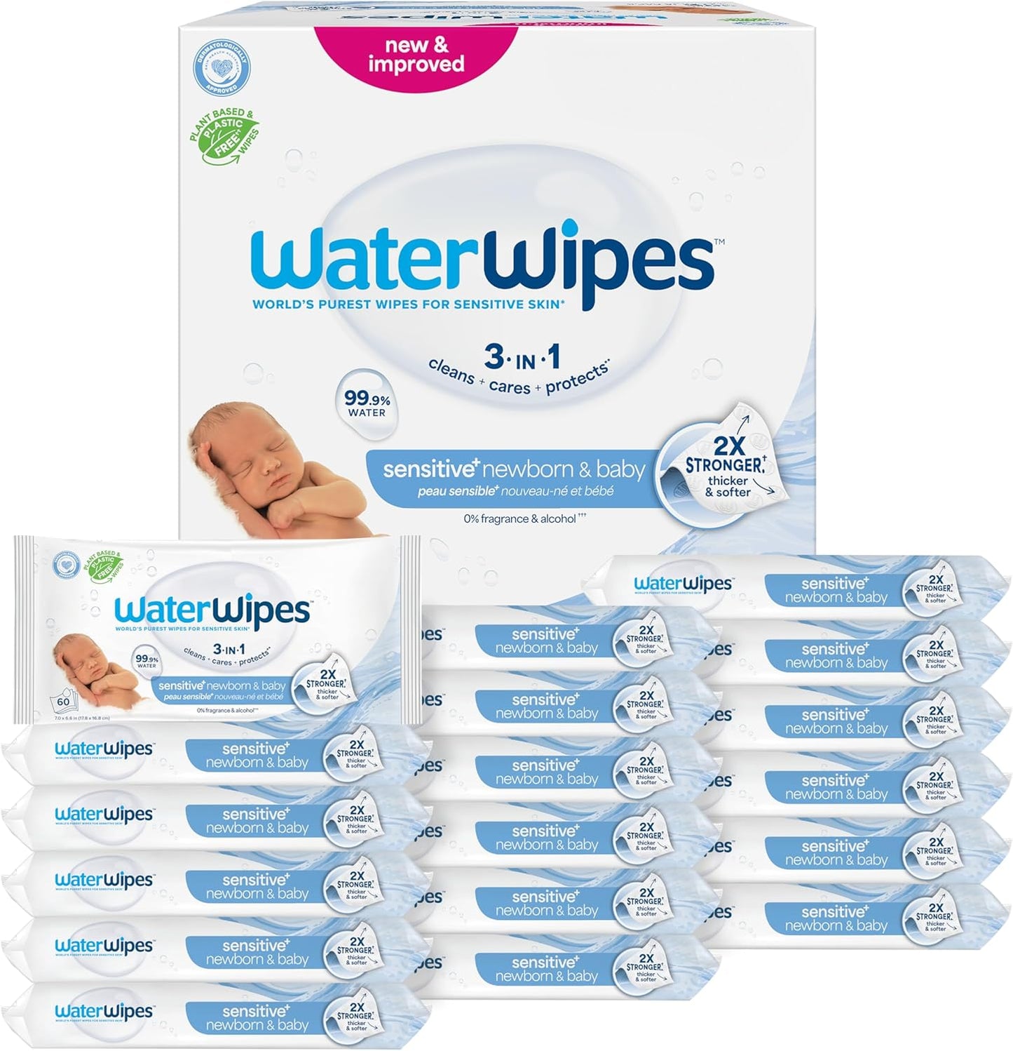 WaterWipes Sensitive+ Newborn & Baby Wipes, 3-In-1 Cleans, Cares, Protects, 99.9% Water, Unscented & Hypoallergenic, 1080 Count (18 Packs)